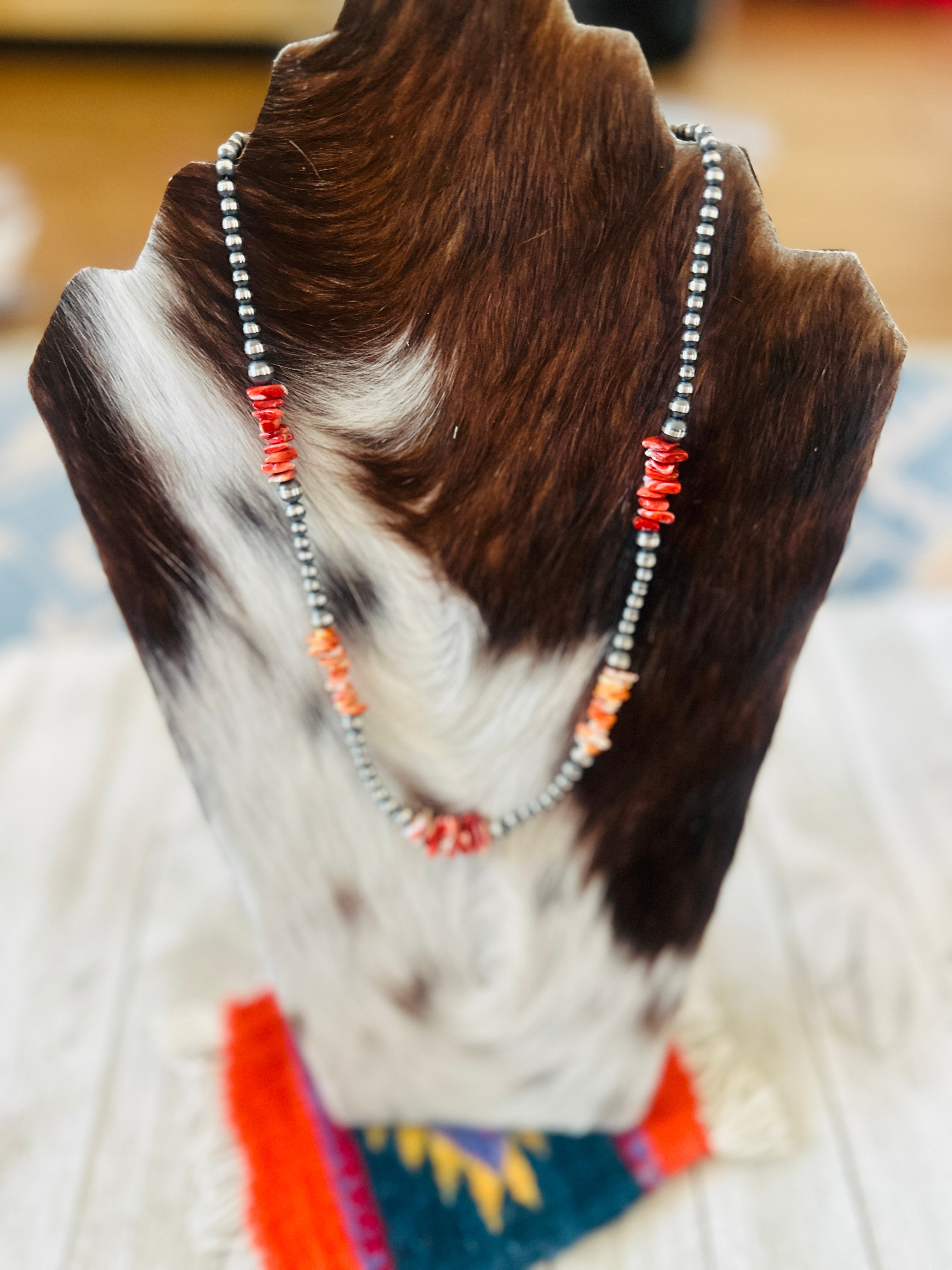 Handcrafted Sterling Silver & Spiny Oyster Beaded 20” Necklace