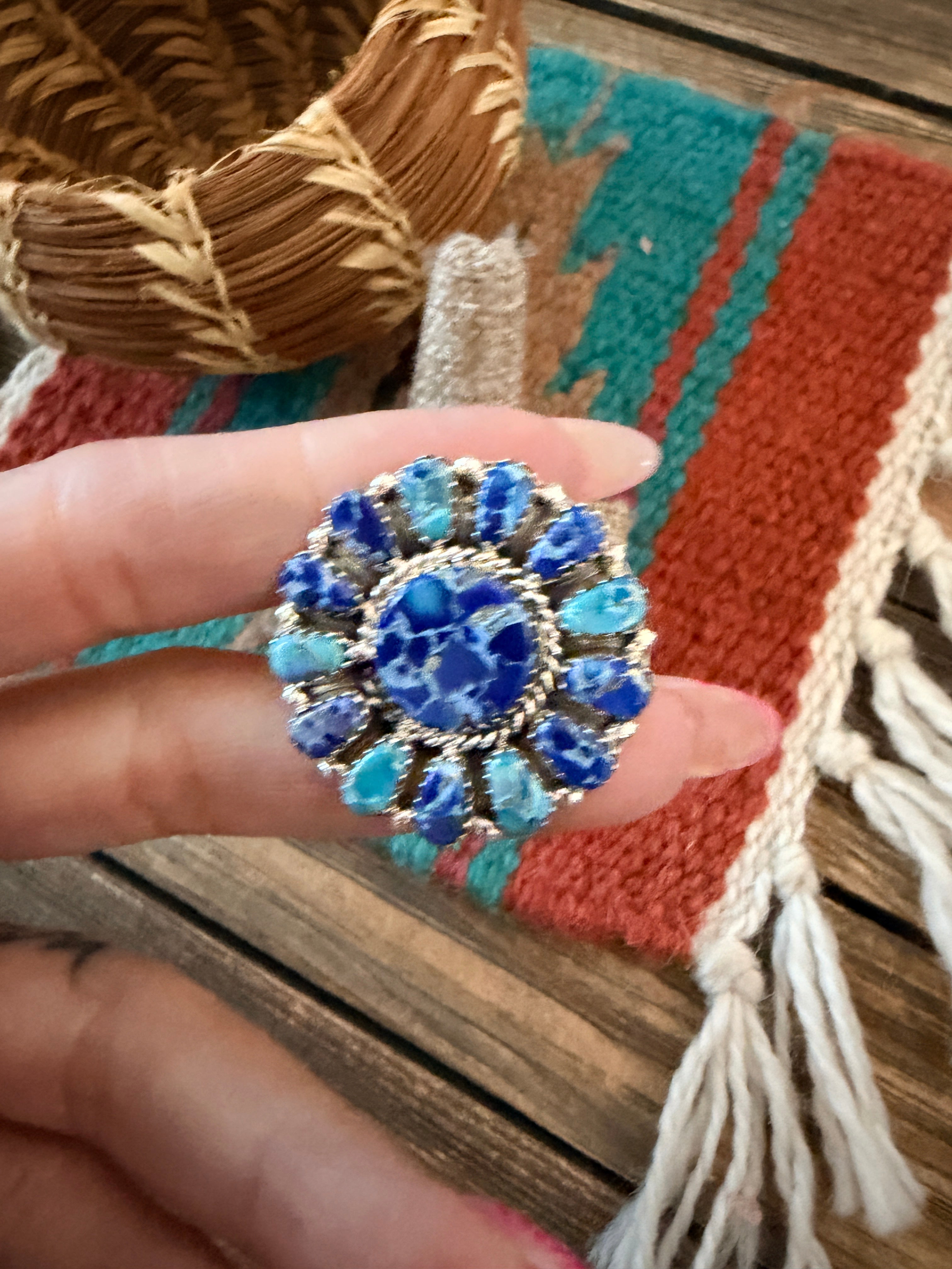 Handcrafted Blue Mojave Turquoise & Sterling Silver Adjustable Cluster Ring