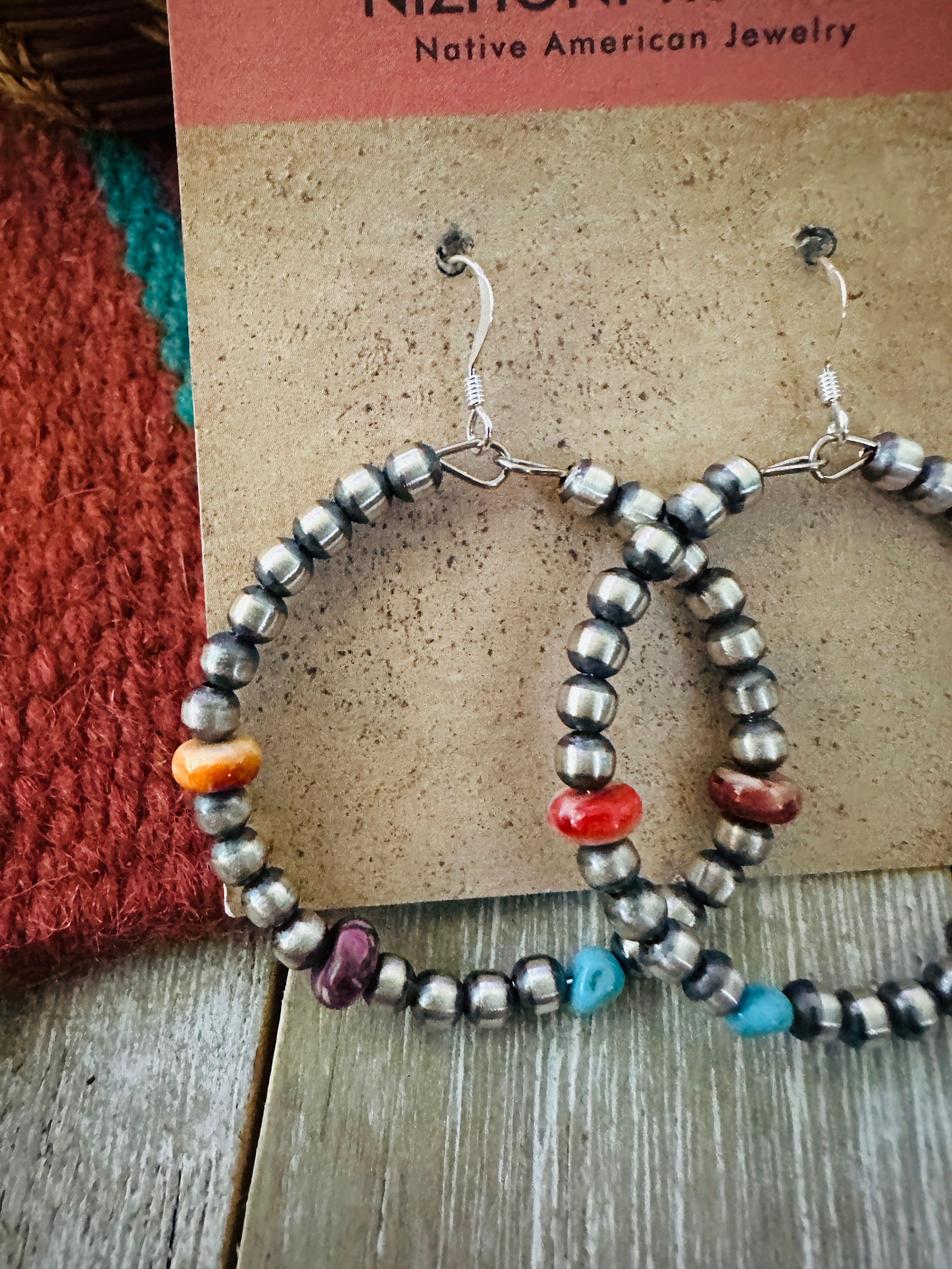 Handcrafted Spiny Oyster, Turquoise & Sterling Silver Beaded Dangle Hoop Earrings