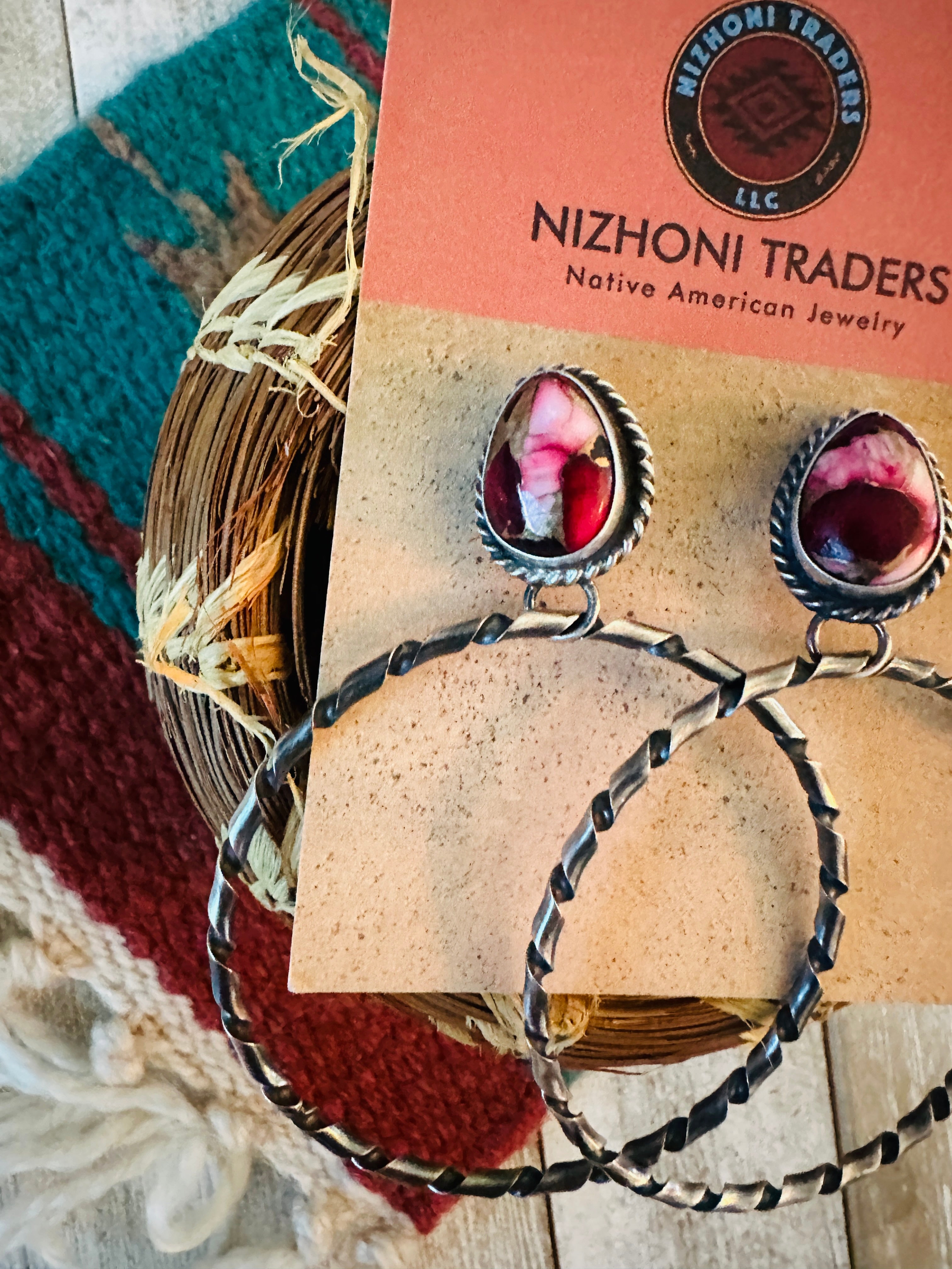Navajo Rose Dahlia and Sterling Silver Dangle Hoop Earrings