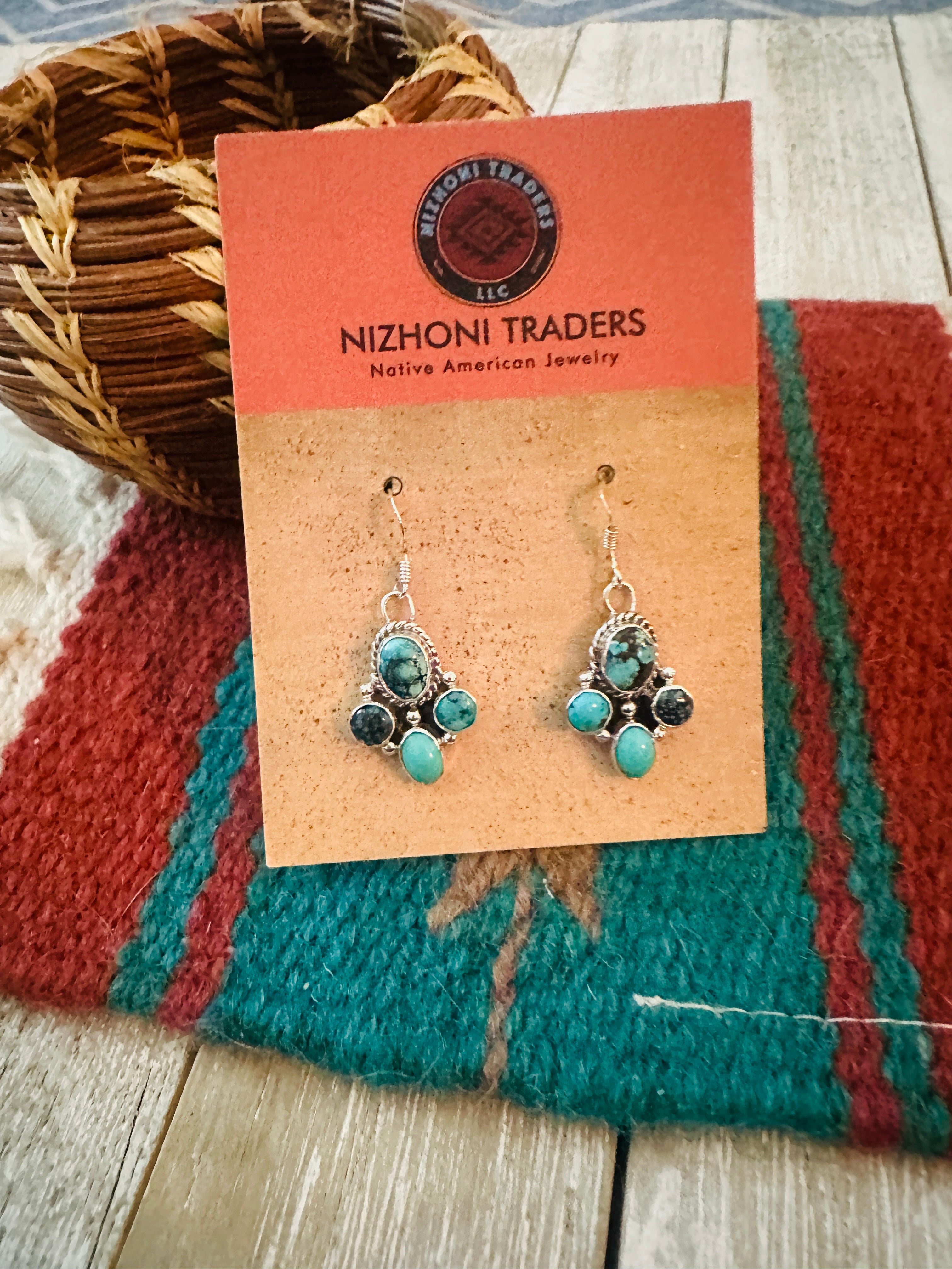 Handcrafted Turquoise & Sterling Silver Cluster Dangle Earrings