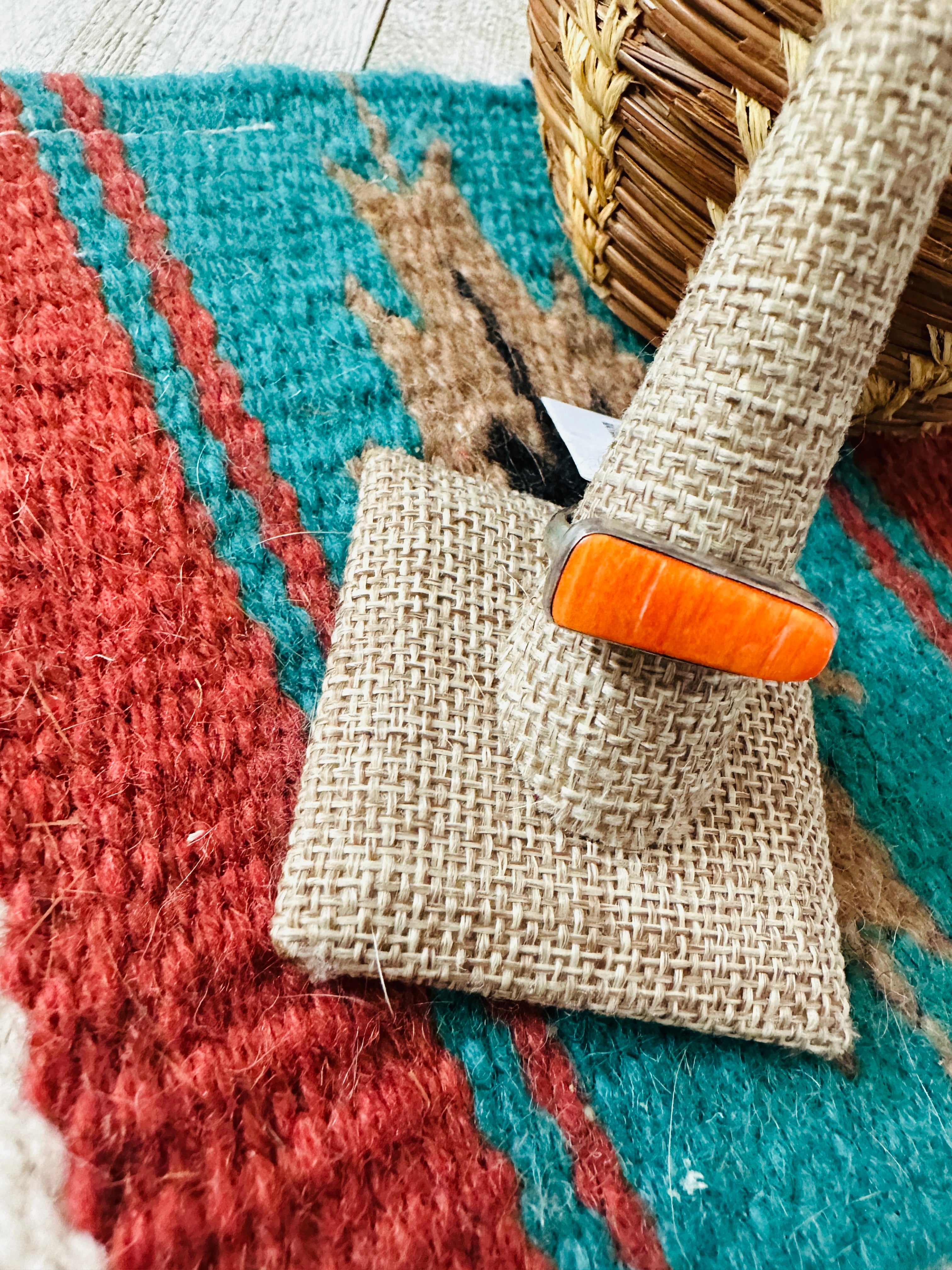 Handcrafted Sterling Silver & Orange Spiny Band Ring Size 10