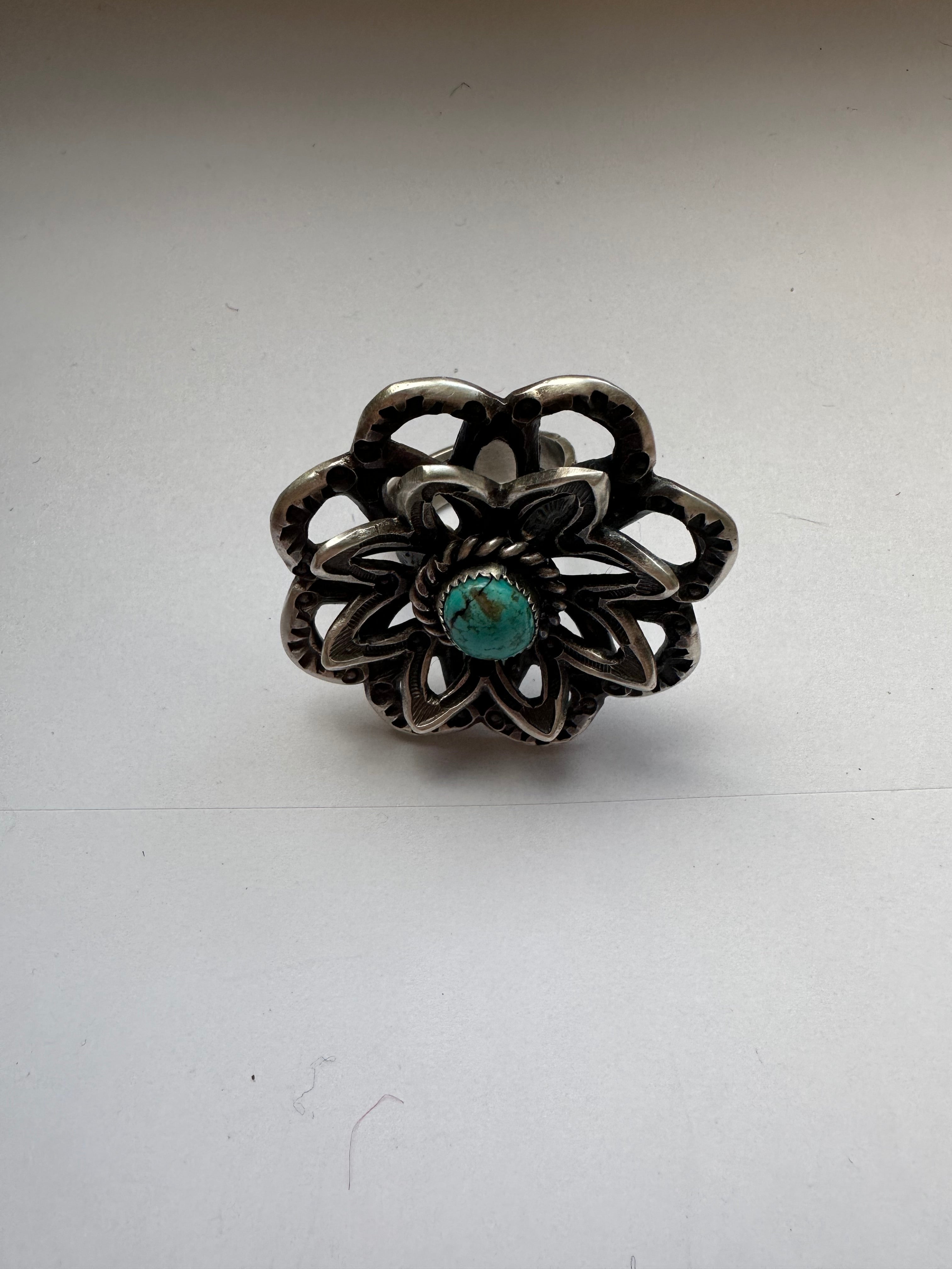 Gorgeous Handcrafted Turquoise And Sterling Silver Adjustable Flower Ring Signed K Billah