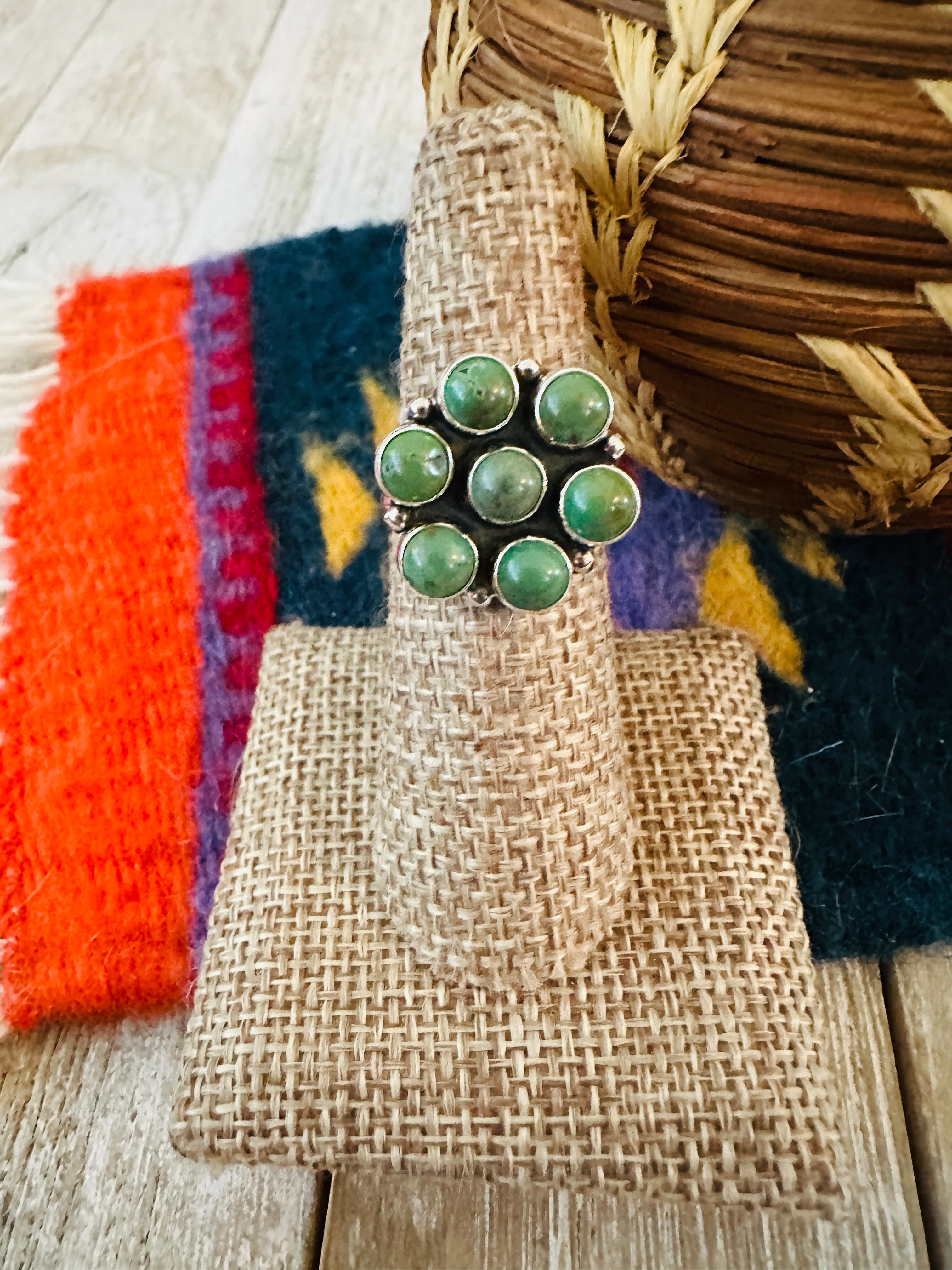 Handcrafted Turquoise & Sterling Silver Cluster Ring Size 6