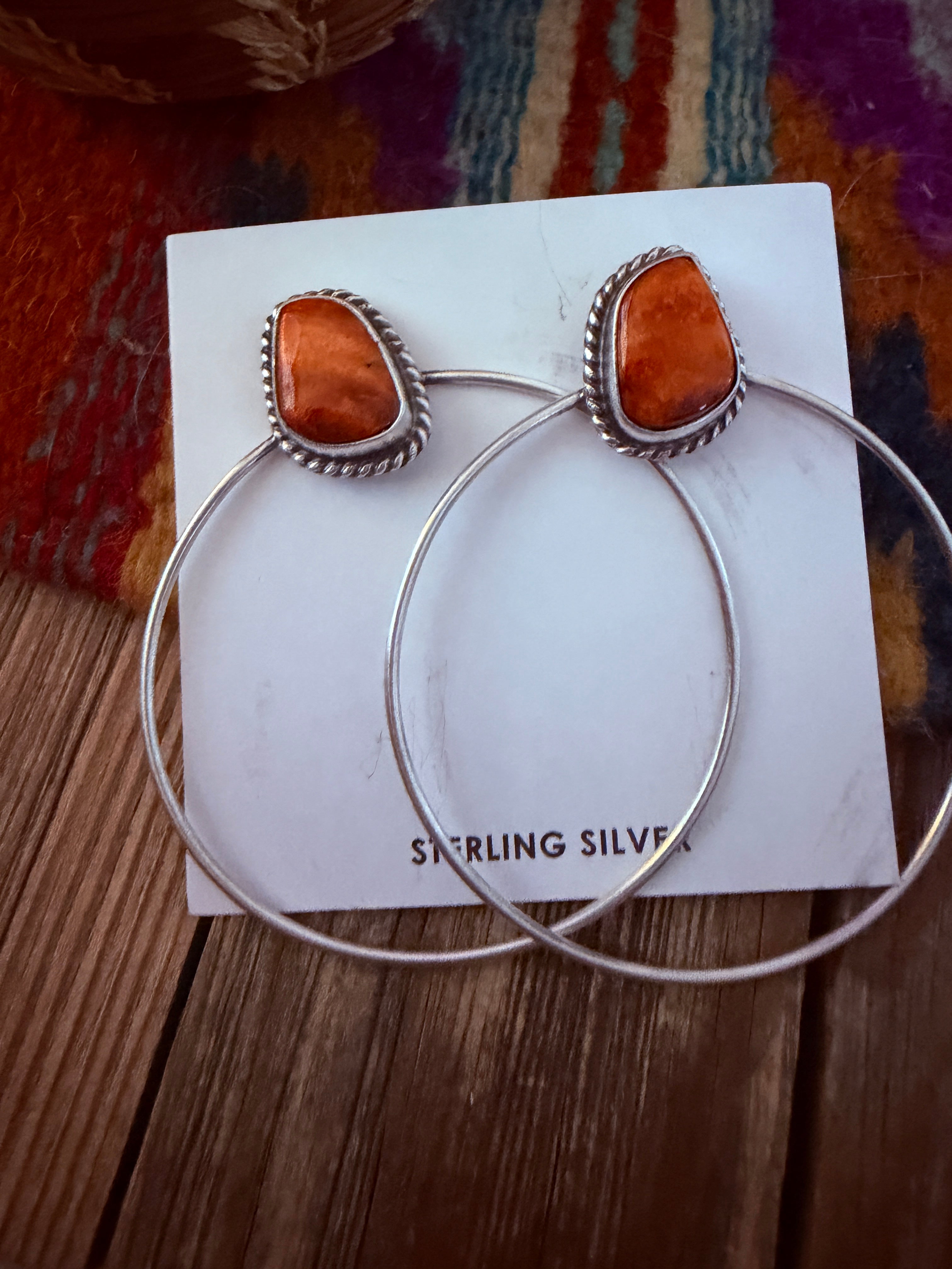Handcrafted Orange Spiny and Sterling Silver Dangle Hoop Earrings by Elouise Kee
