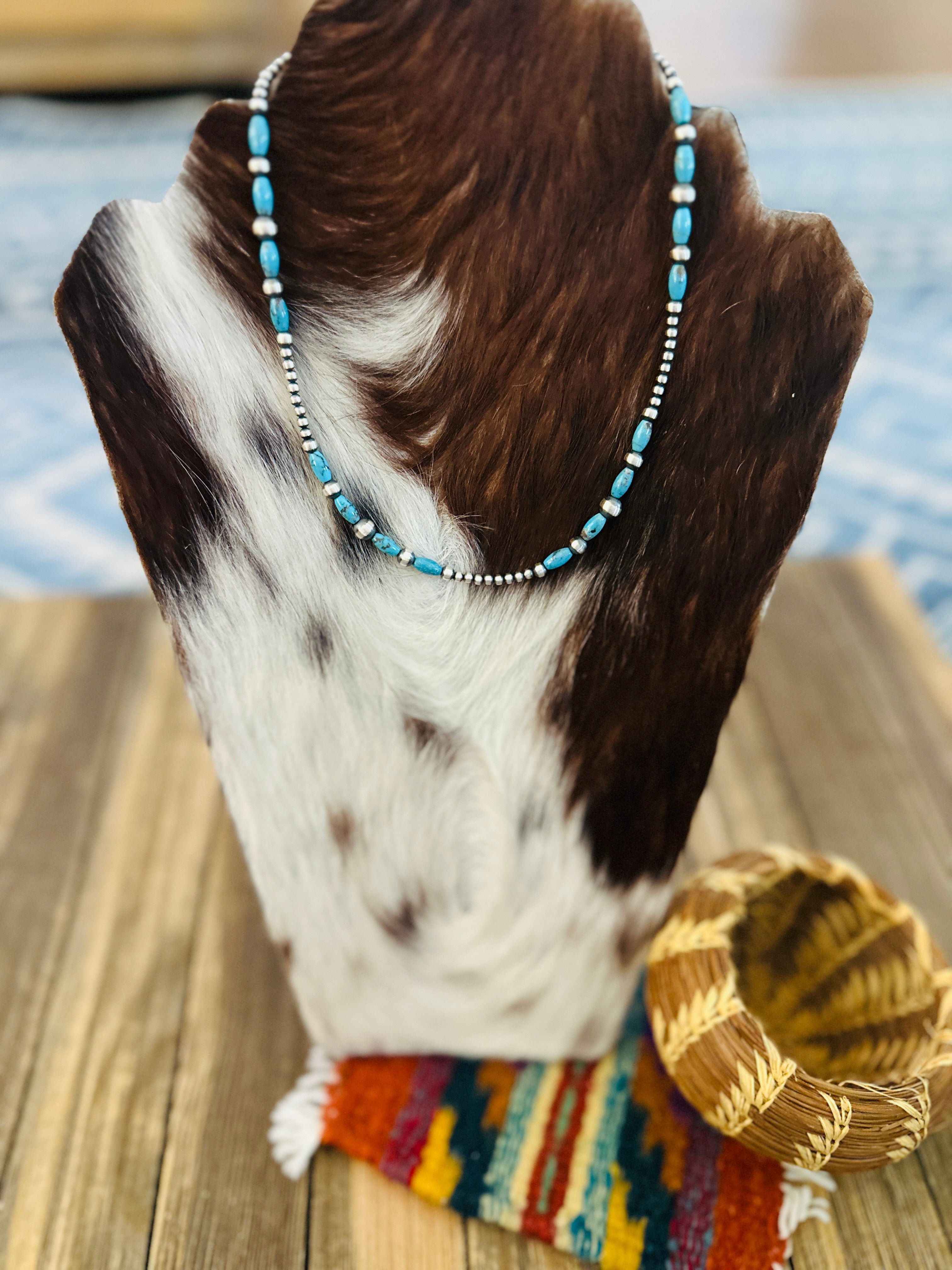 Handcrafted Turquoise & Sterling Silver Pearl 16” Beaded Necklace