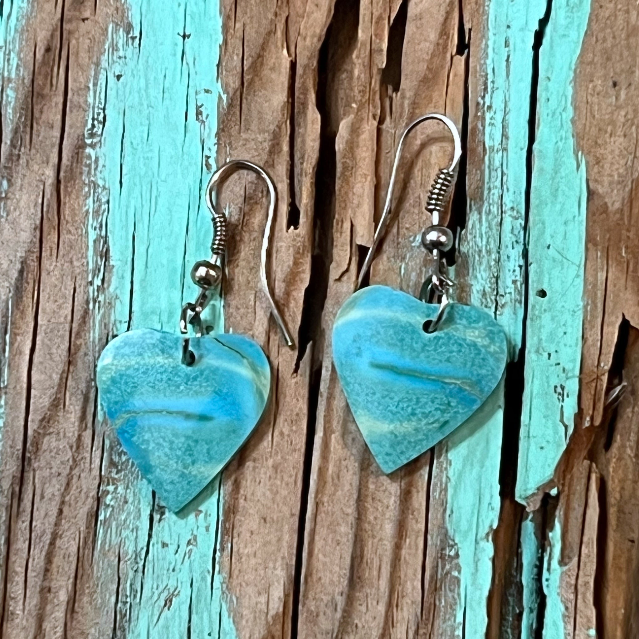 Handcrafted Turquoise Heart Slab Sterling Silver Earrings