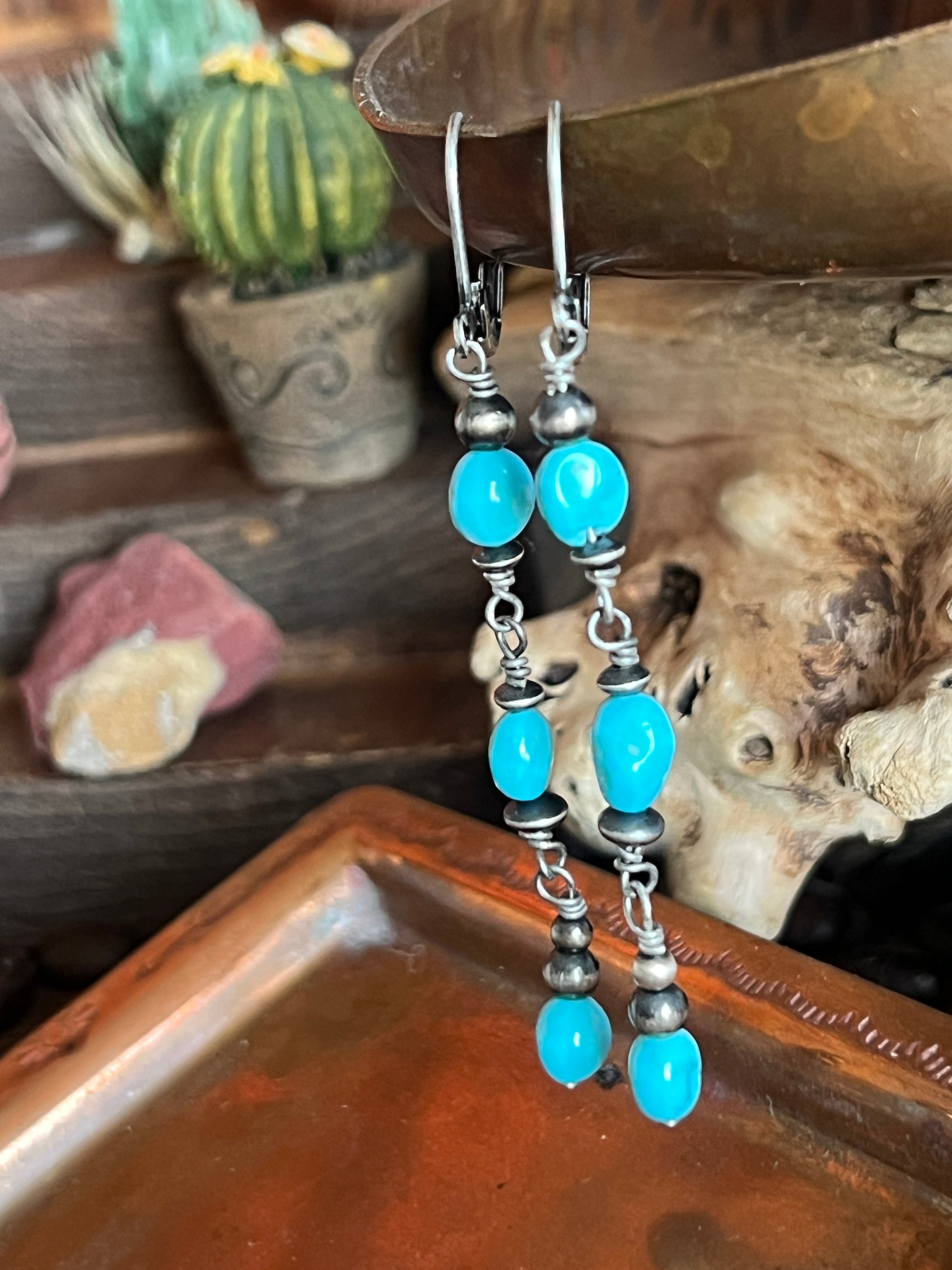 Handcrafted Sterling Silver and Sleeping Beauty Turquoise Beaded Dangle Earrings, Leverbacks