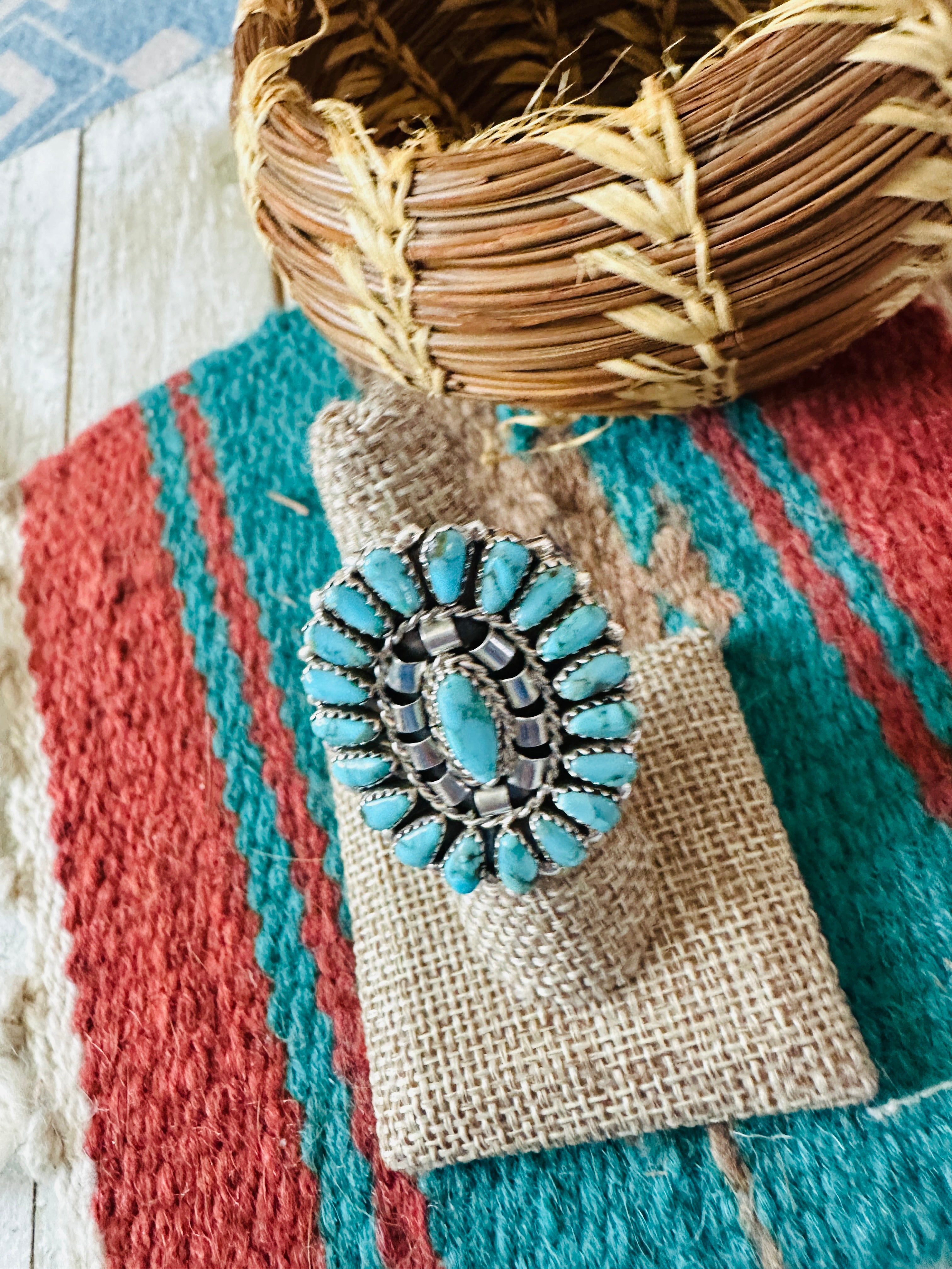 Handcrafted Turquoise & Sterling Silver Cluster Ring Size by Leander Nez