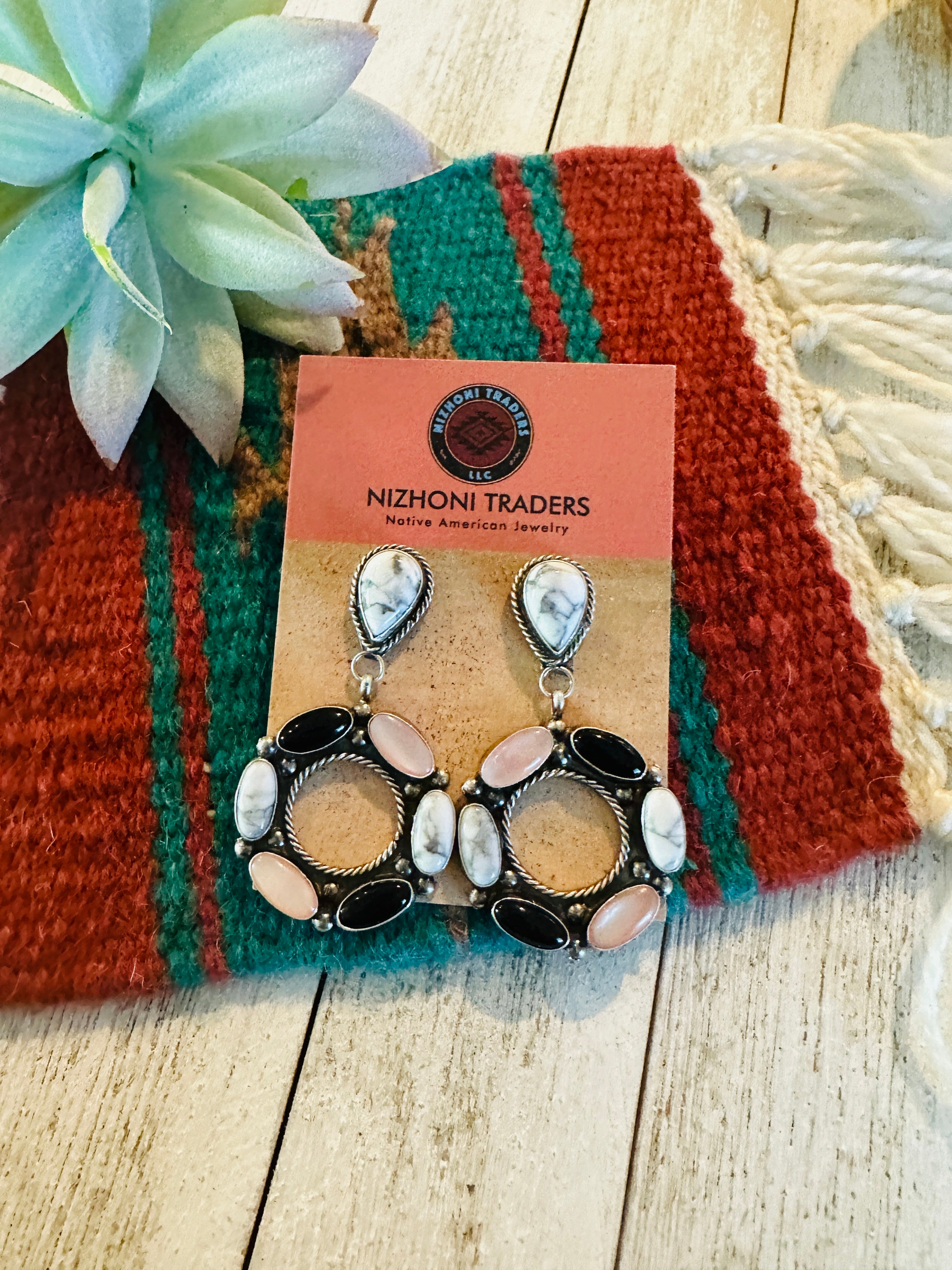 Navajo White Buffalo, Onyx, Mother of Pearl and Sterling Silver Dangle Earrings