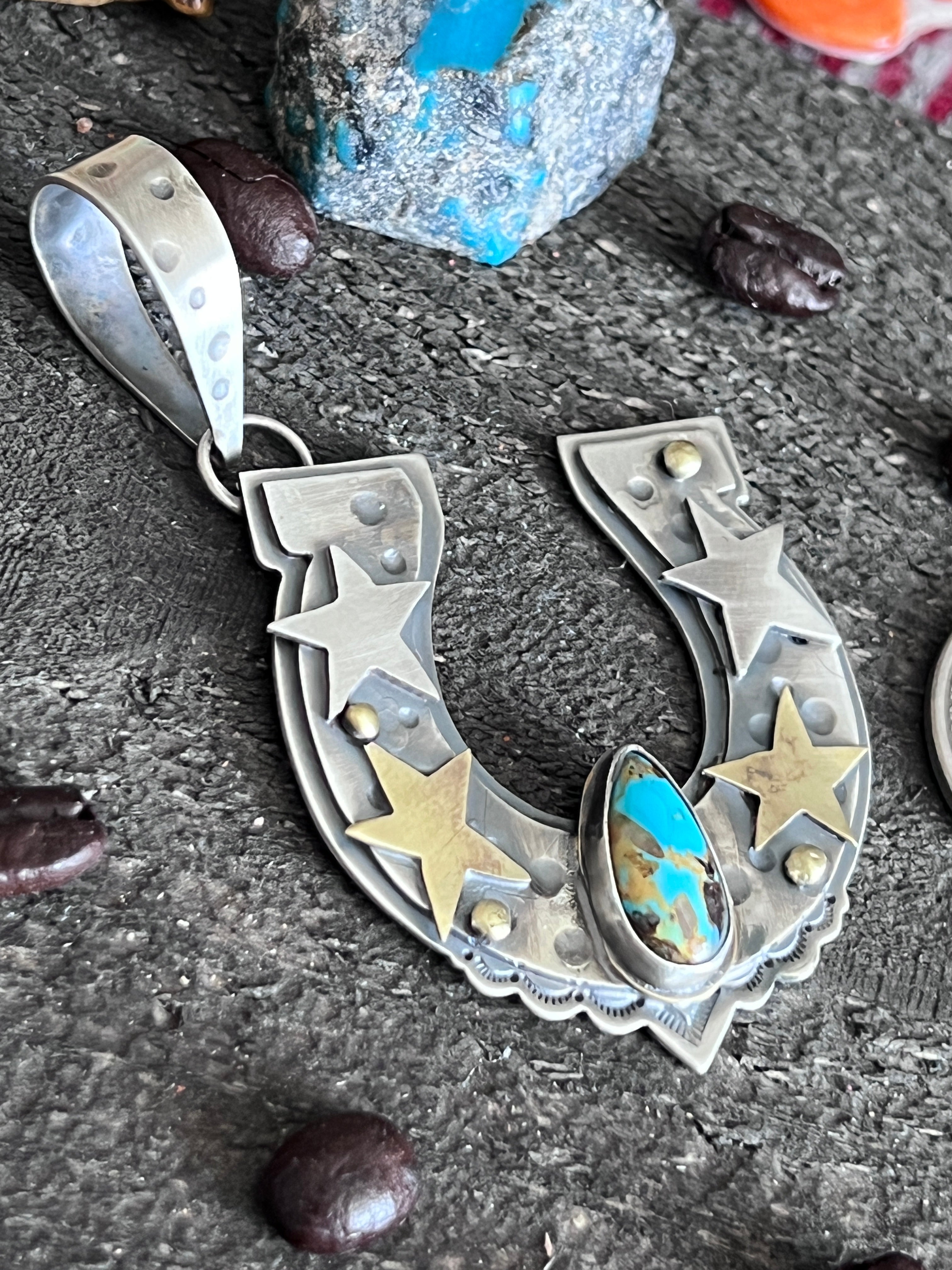 Kimari Somers Hand Stamped Sterling Silver Star Horseshoe Pendant with Brass Accents & Royston Turquoise