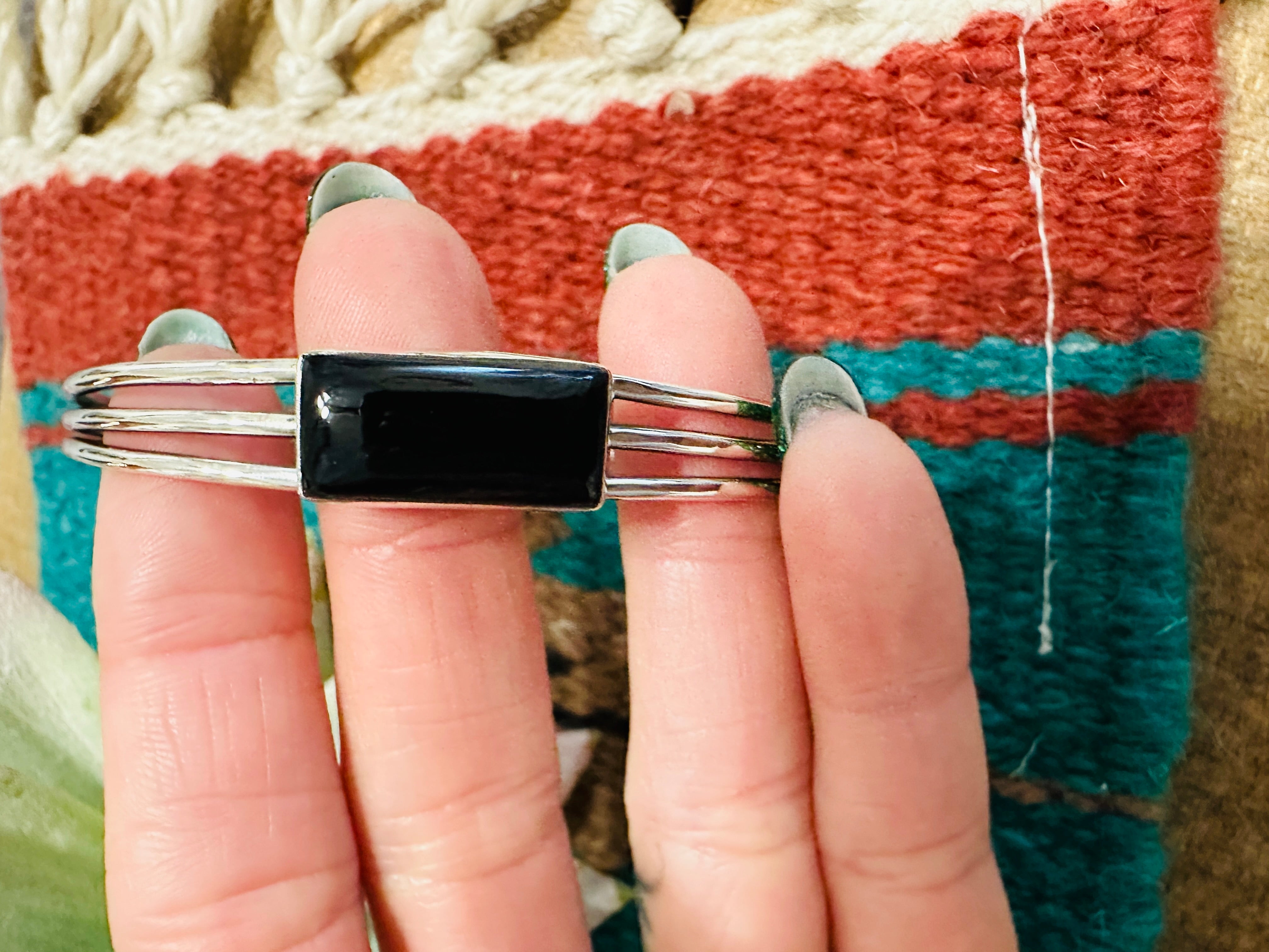 Handmade Sterling Silver & Onyx Cuff Bracelet Signed Nizhoni