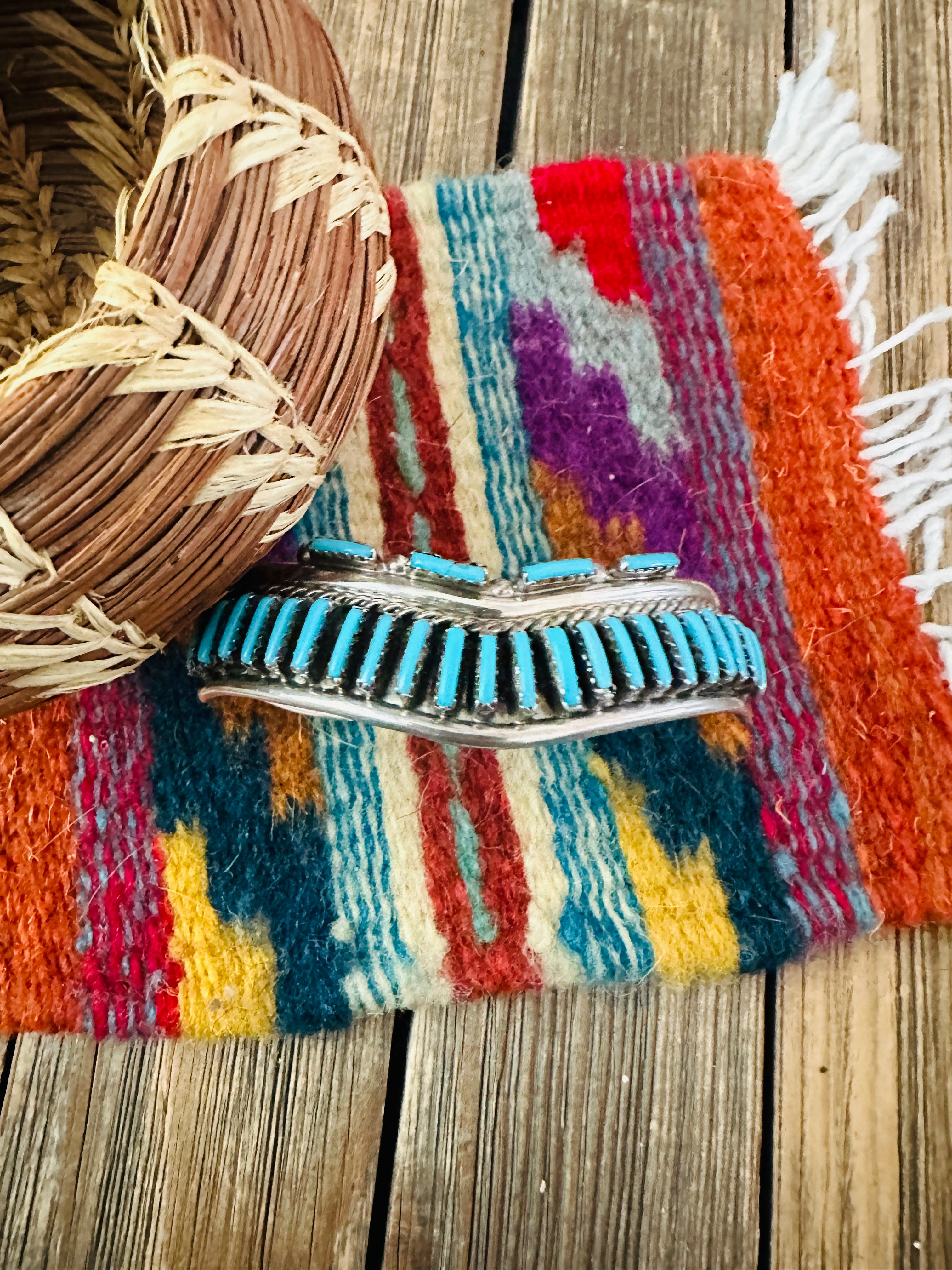 Handcrafted Old Pawn Sterling Silver & Turquoise Needlepoint Cuff Bracelet