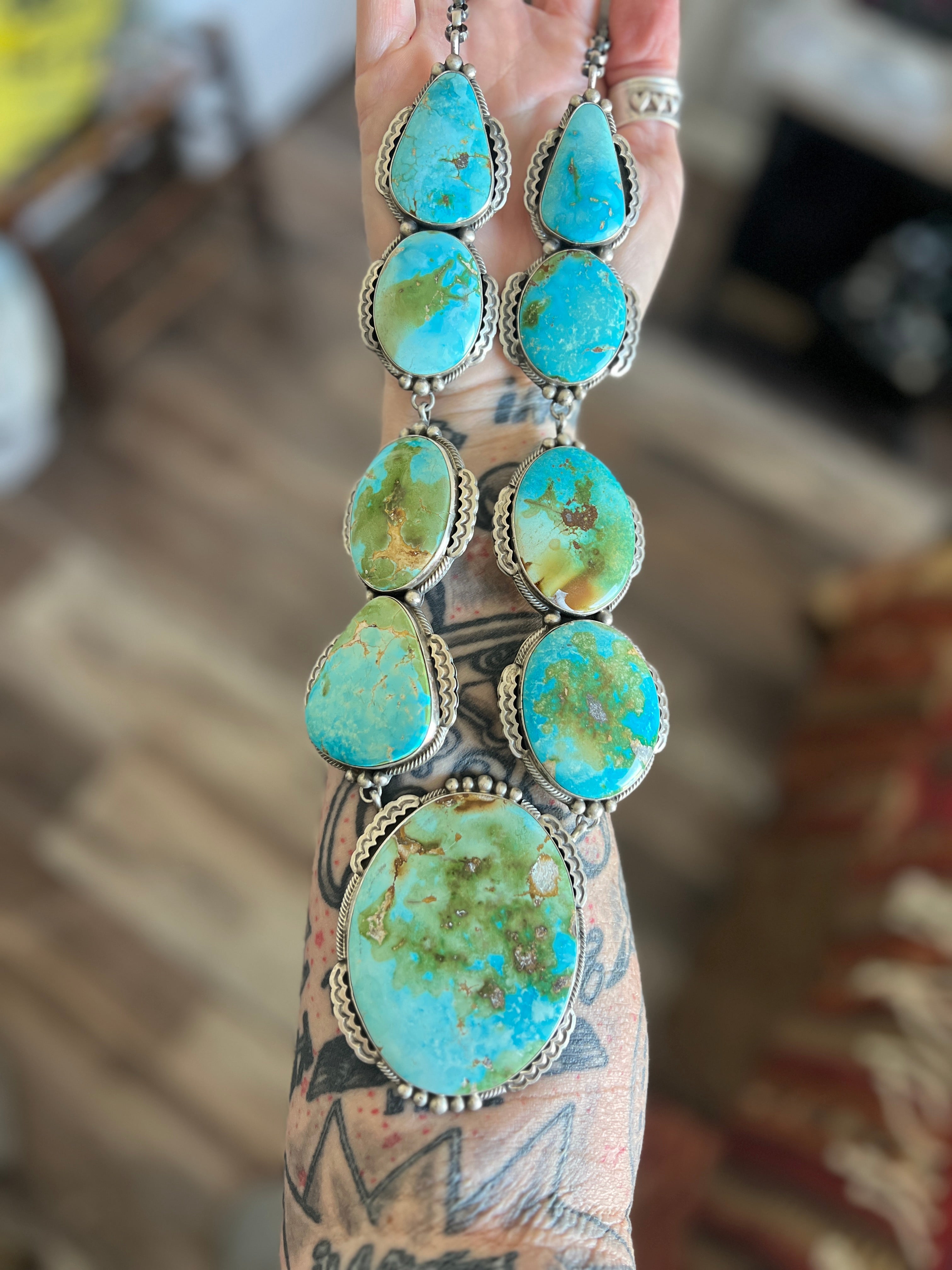 Massive Navajo Sterling Silver and Sonoran Mountain Turquoise Statement Necklace with Earrings by Talila Benally