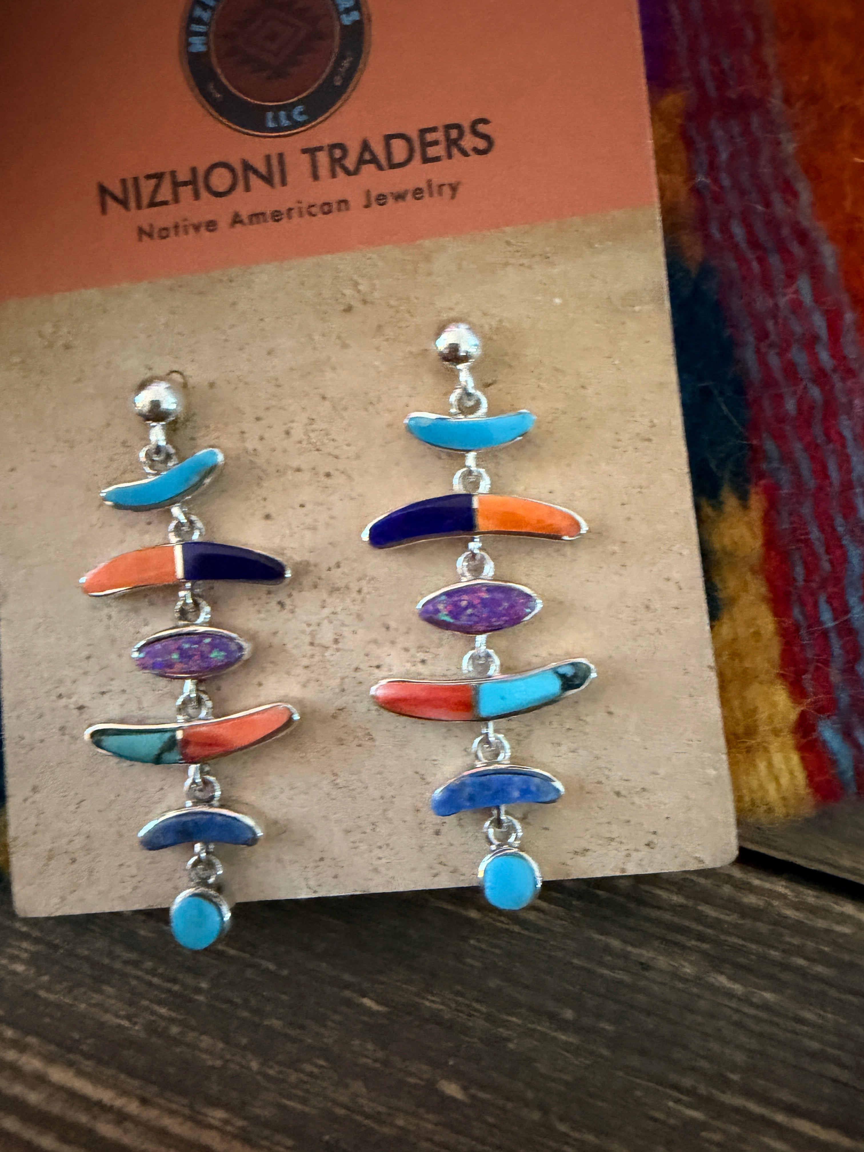 Handcrafted Multi Stone & Sterling Silver Chandelier Dangle Earrings by Valerie Yazzie