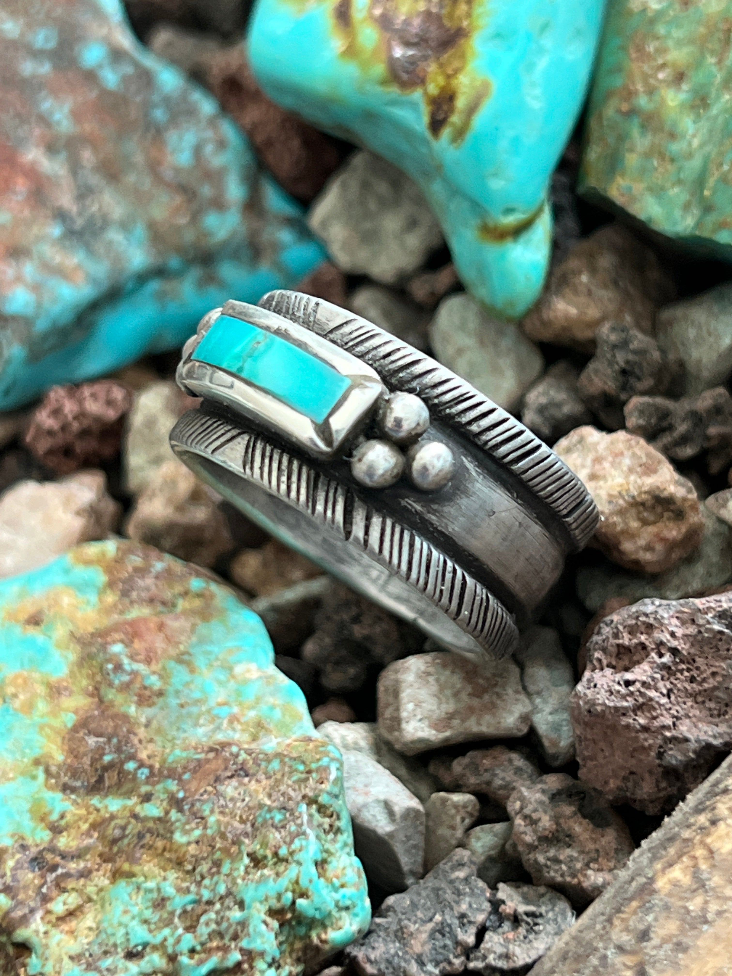 Falcon Trading Company Ingot Sterling Silver and Fox Turquoise Inlay Ring by Joe O’Neill, Size 10