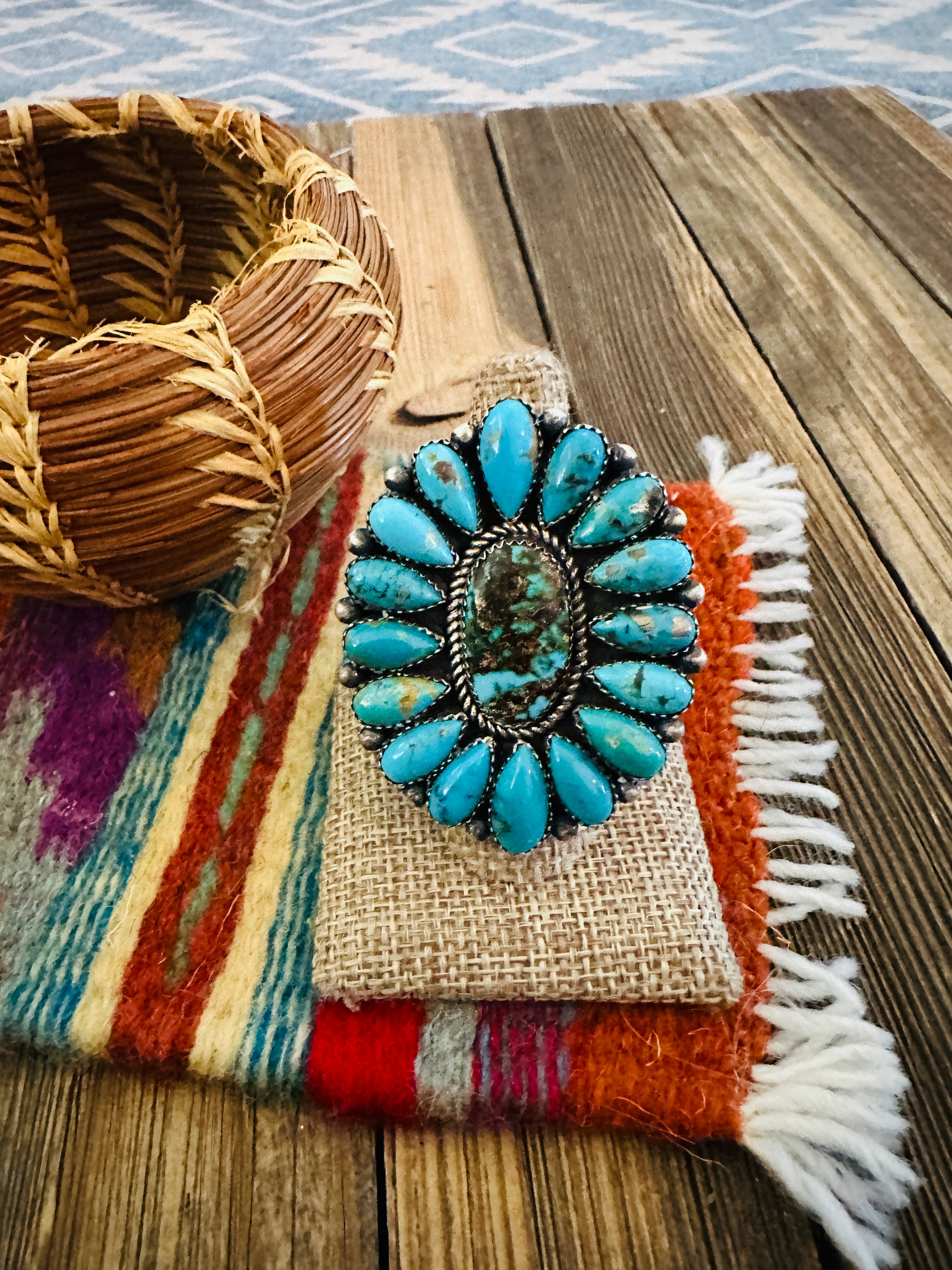 Handcrafted Turquoise & Sterling Silver Adjustable Cluster Ring