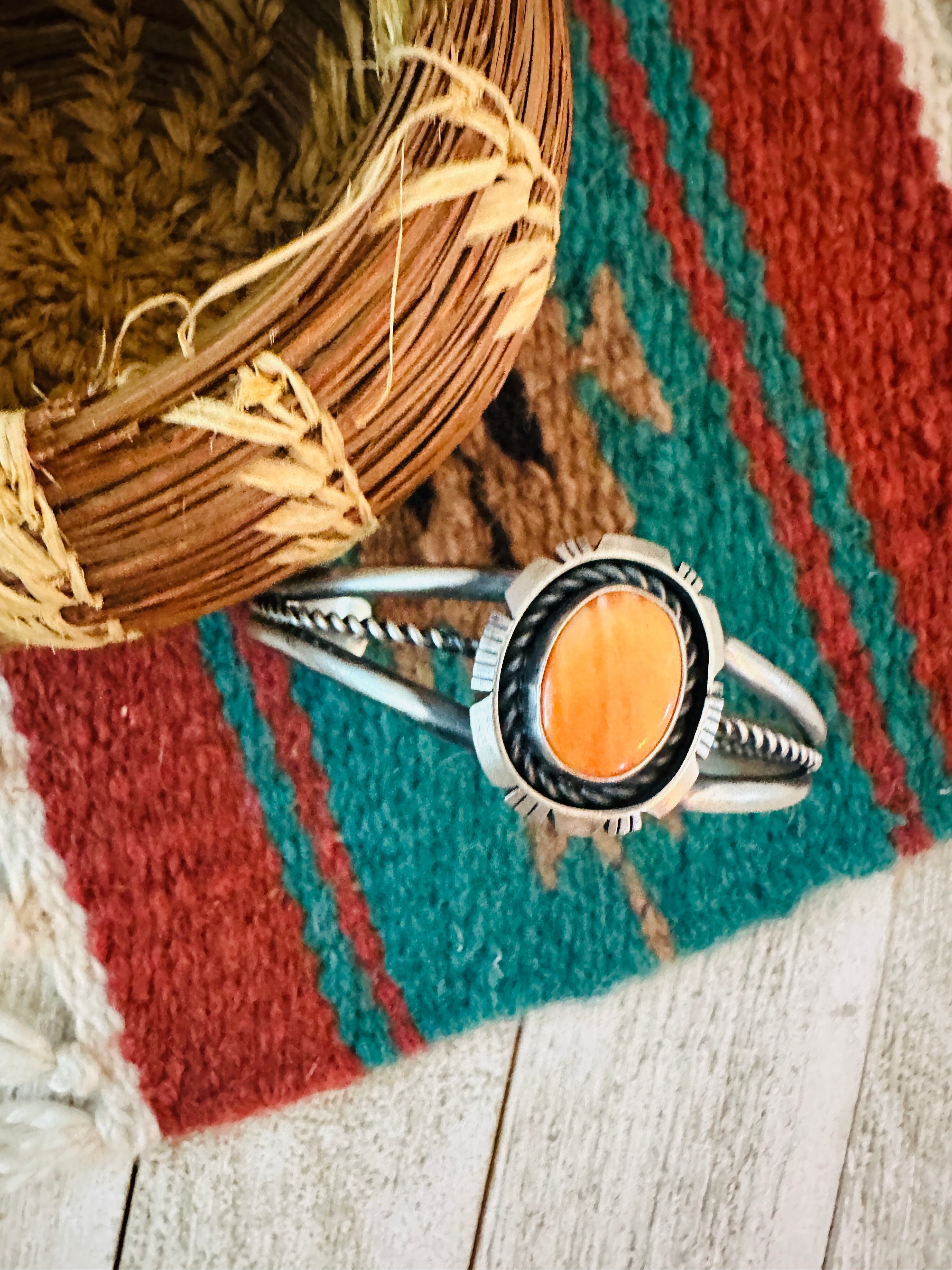 Handcrafted Sterling Silver & Orange Spiny Cuff Bracelet by Eli Skeets
