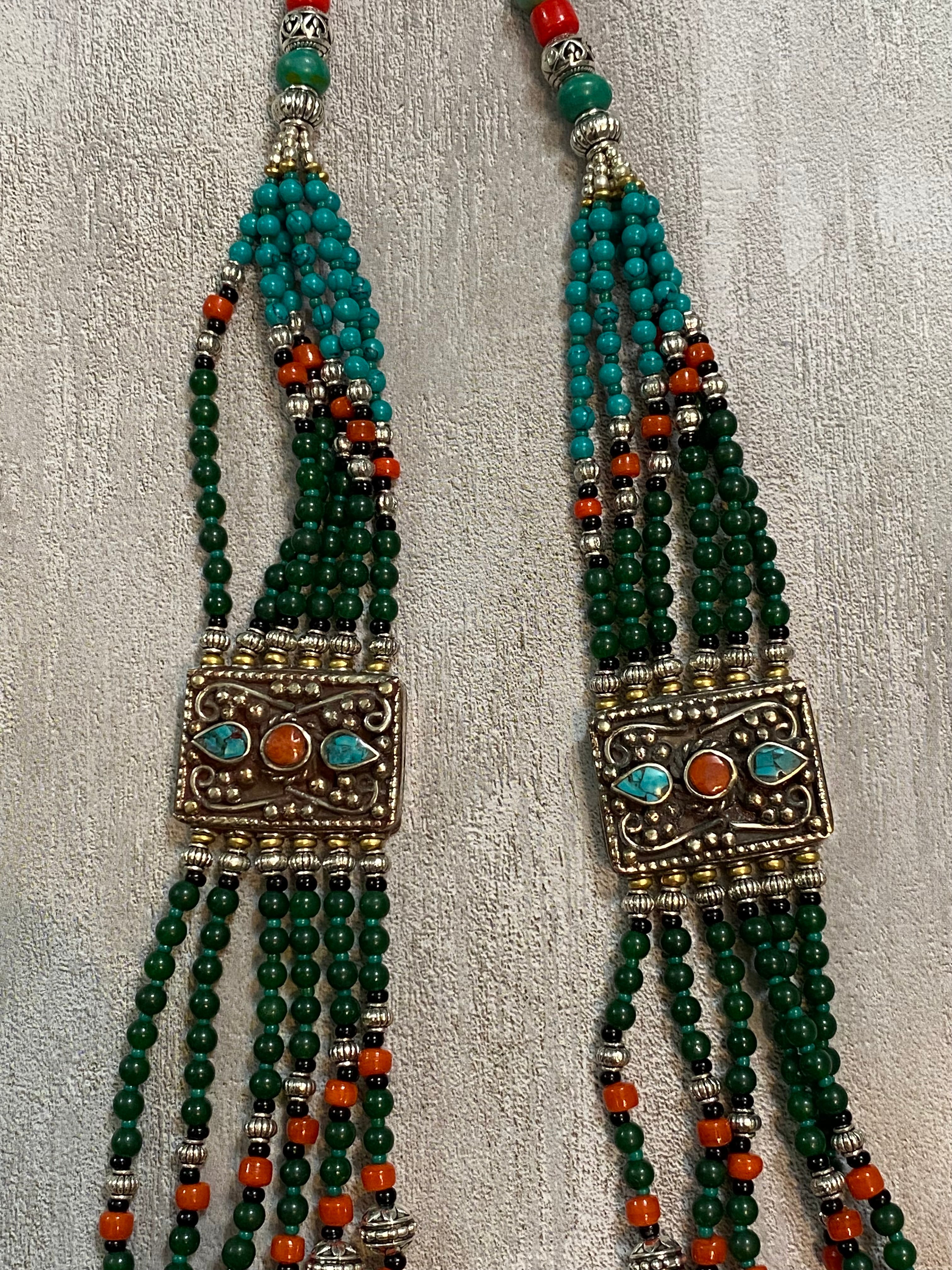 Silver Plated Tibetan Style Six Strand Turquoise & Red Coral Beaded Necklace