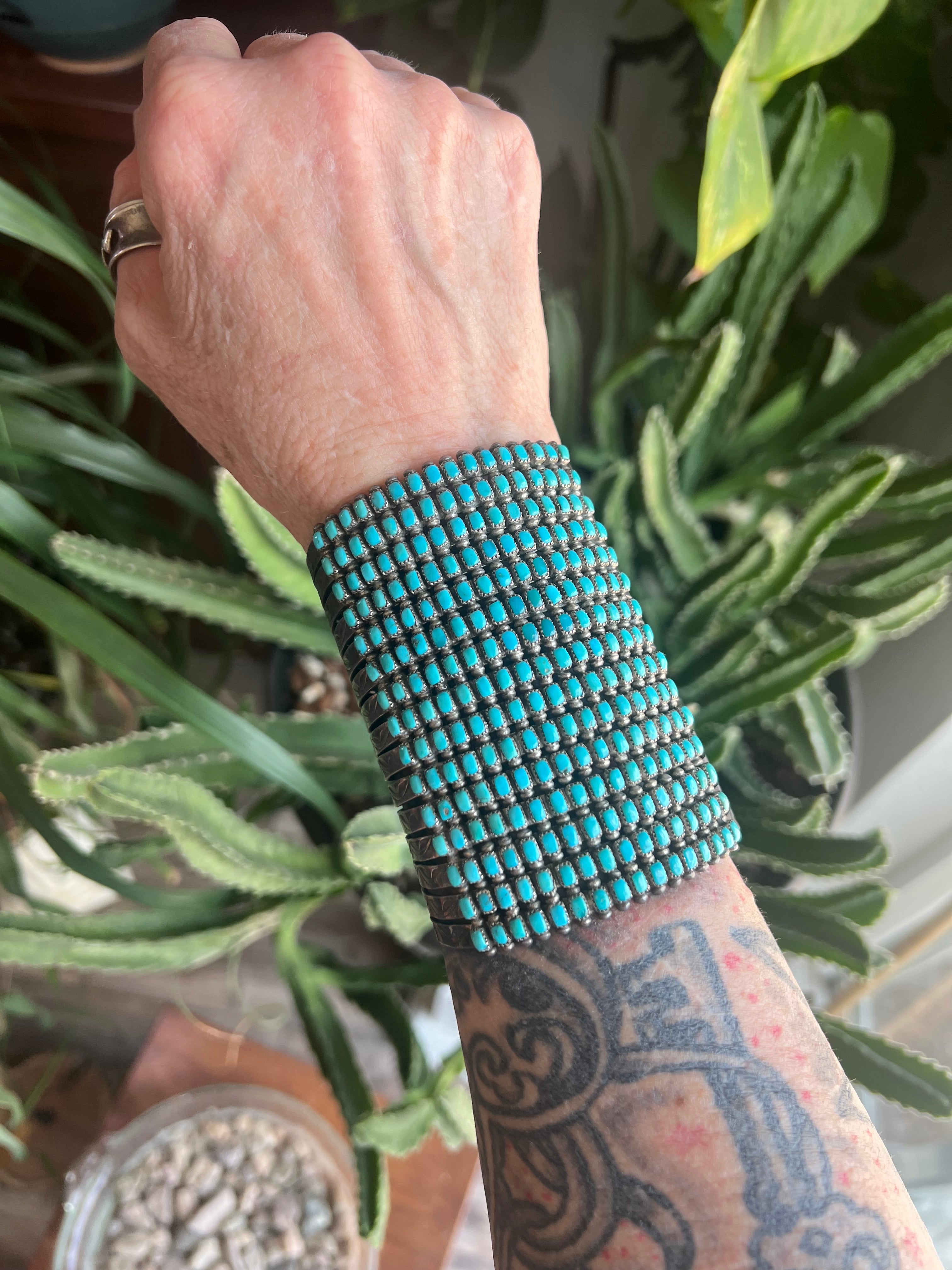 Handcrafted Stunning Old Pawn 15 Row Sterling Silver & Turquoise Gauntlet Style Cuff Bracelet by Clark Couyancy /