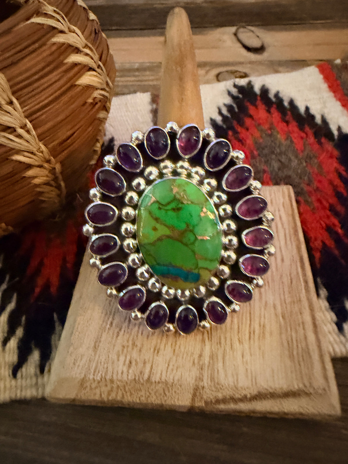 Handcrafted Mojave Turquoise, Amethyst & Sterling Silver Adjustable Cluster Ring