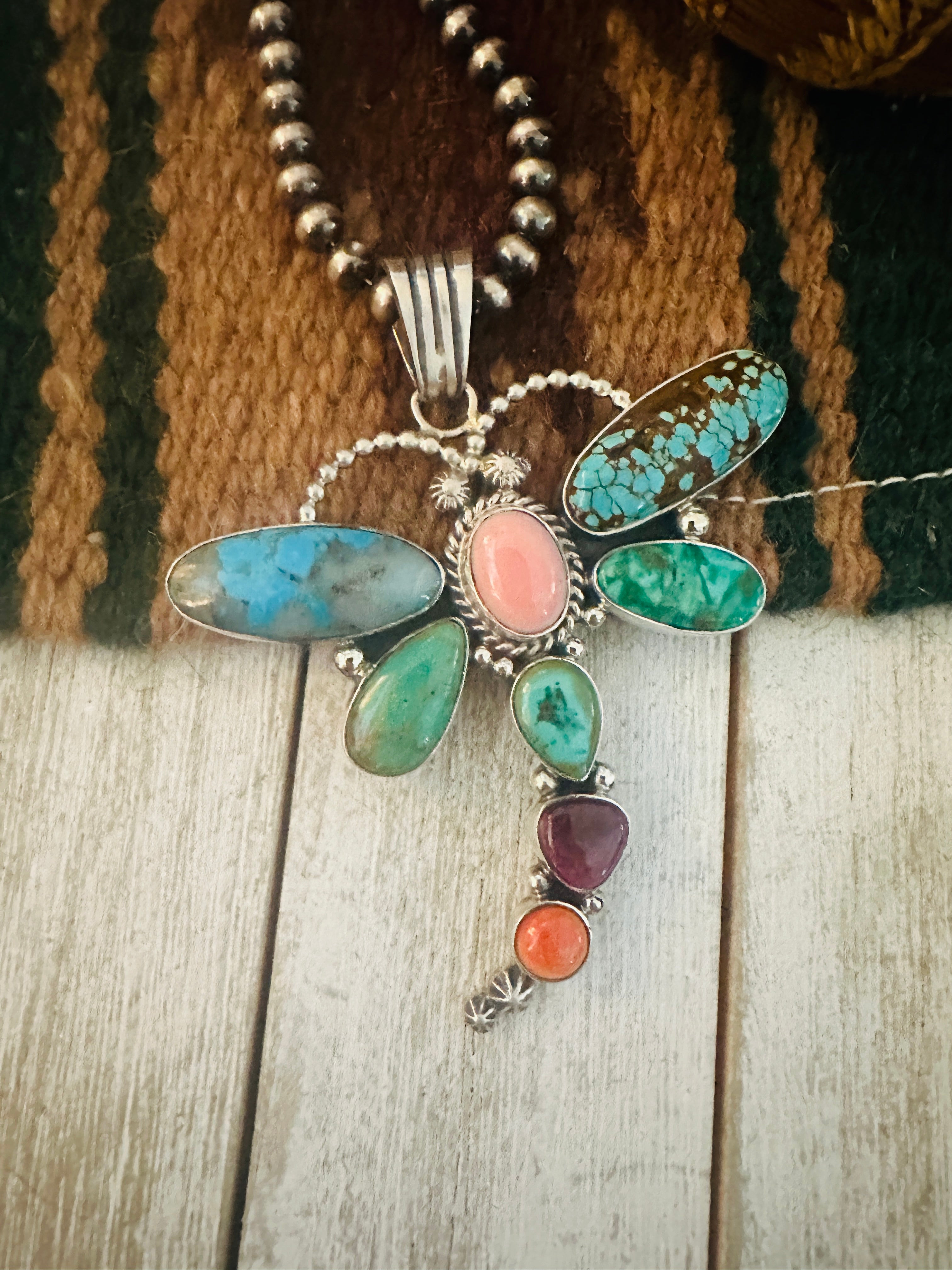 Handcrafted Multi Stone & Sterling Silver Dragonfly Pendant