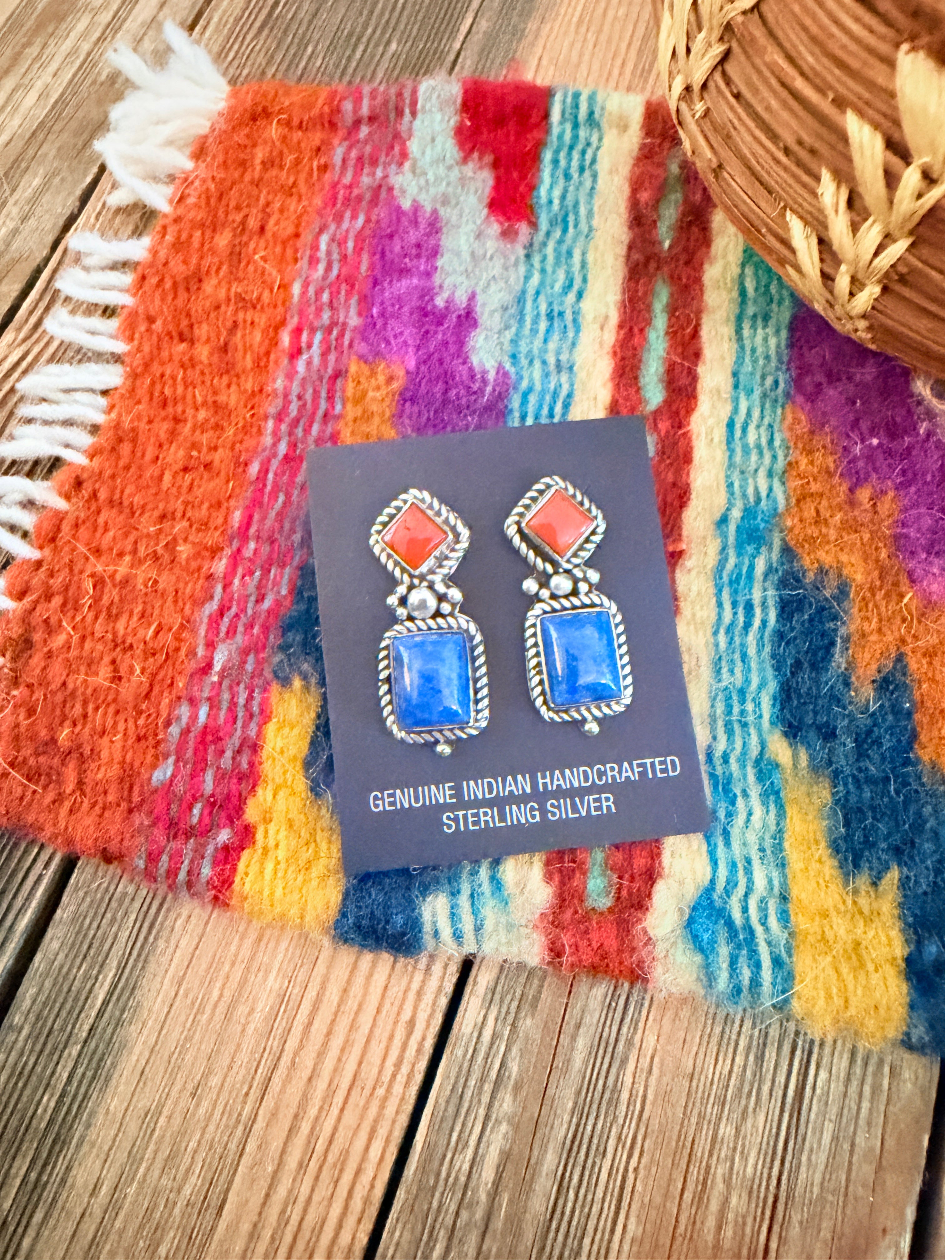 Handcrafted Lapis, Coral & Sterling Silver Dangle Earrings