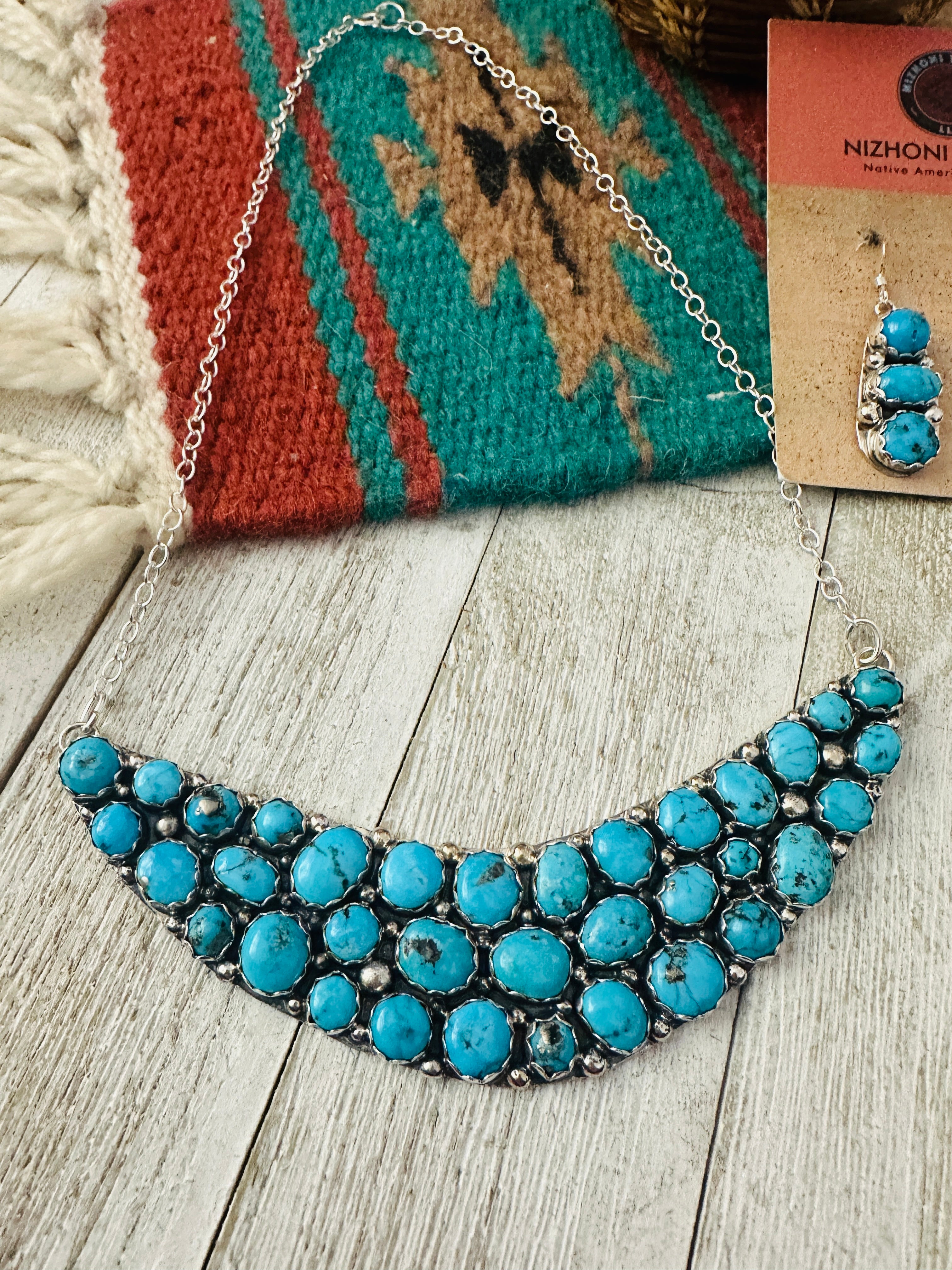 Handcrafted Sterling Silver & Turquoise Cluster Necklace and Earring Set