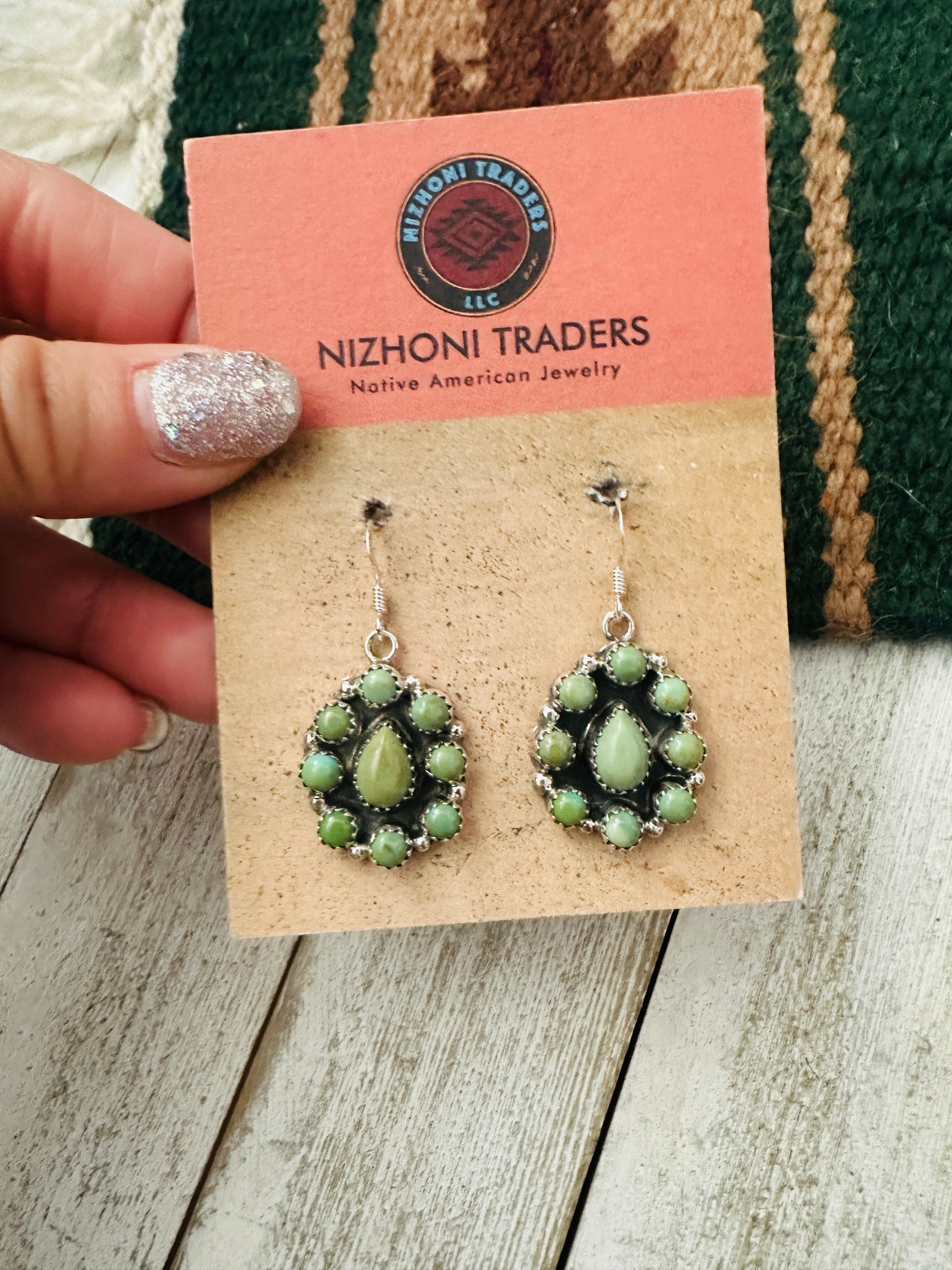 Handcrafted Sterling Silver & Green Turquoise Cluster Dangle Earrings