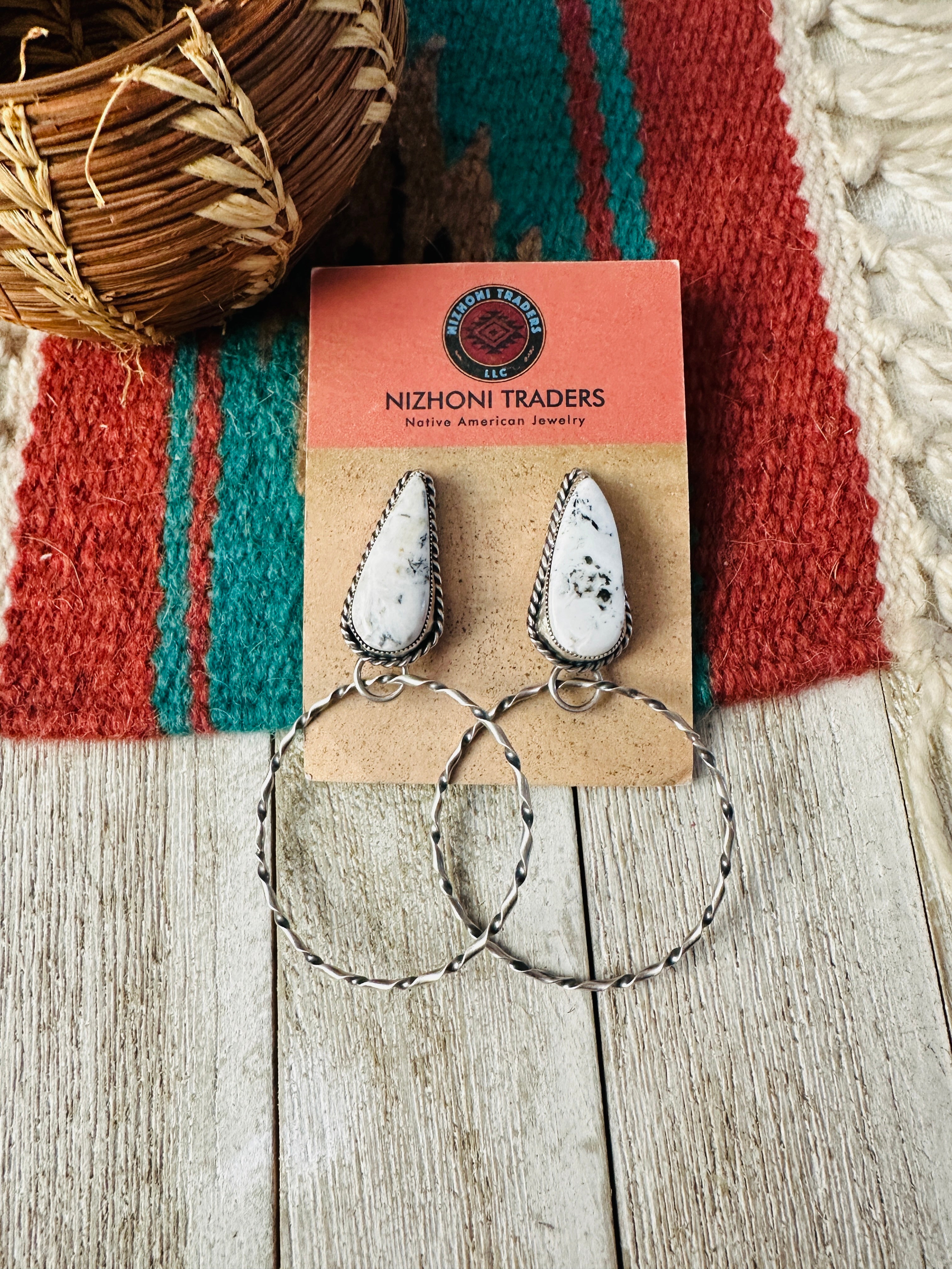 Handcrafted White Buffalo & Sterling Silver Dangle Hoop Earrings