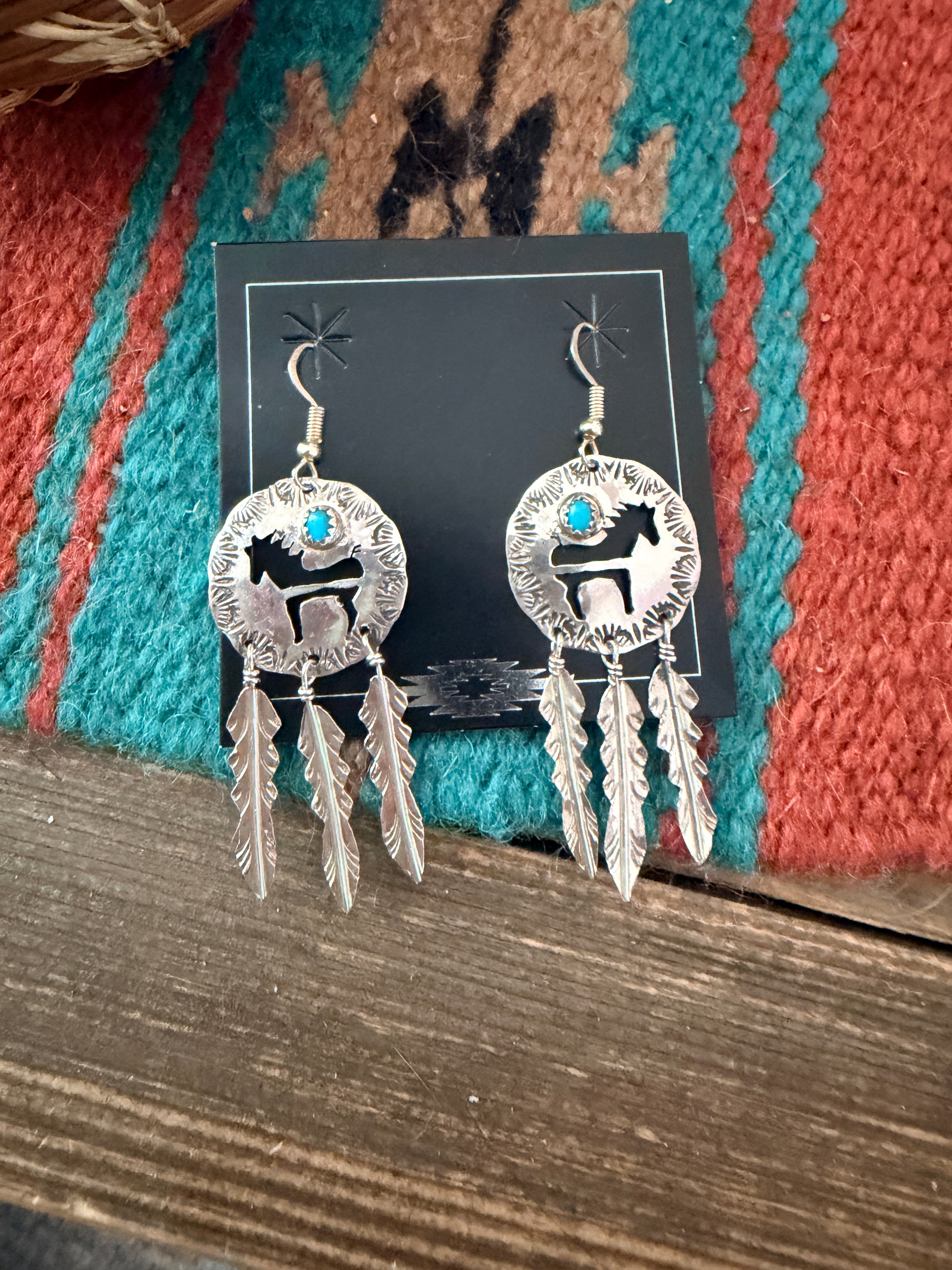 Old Pawn Handcrafted Sterling Silver & Turquoise Horse Feather Dangle Earrings