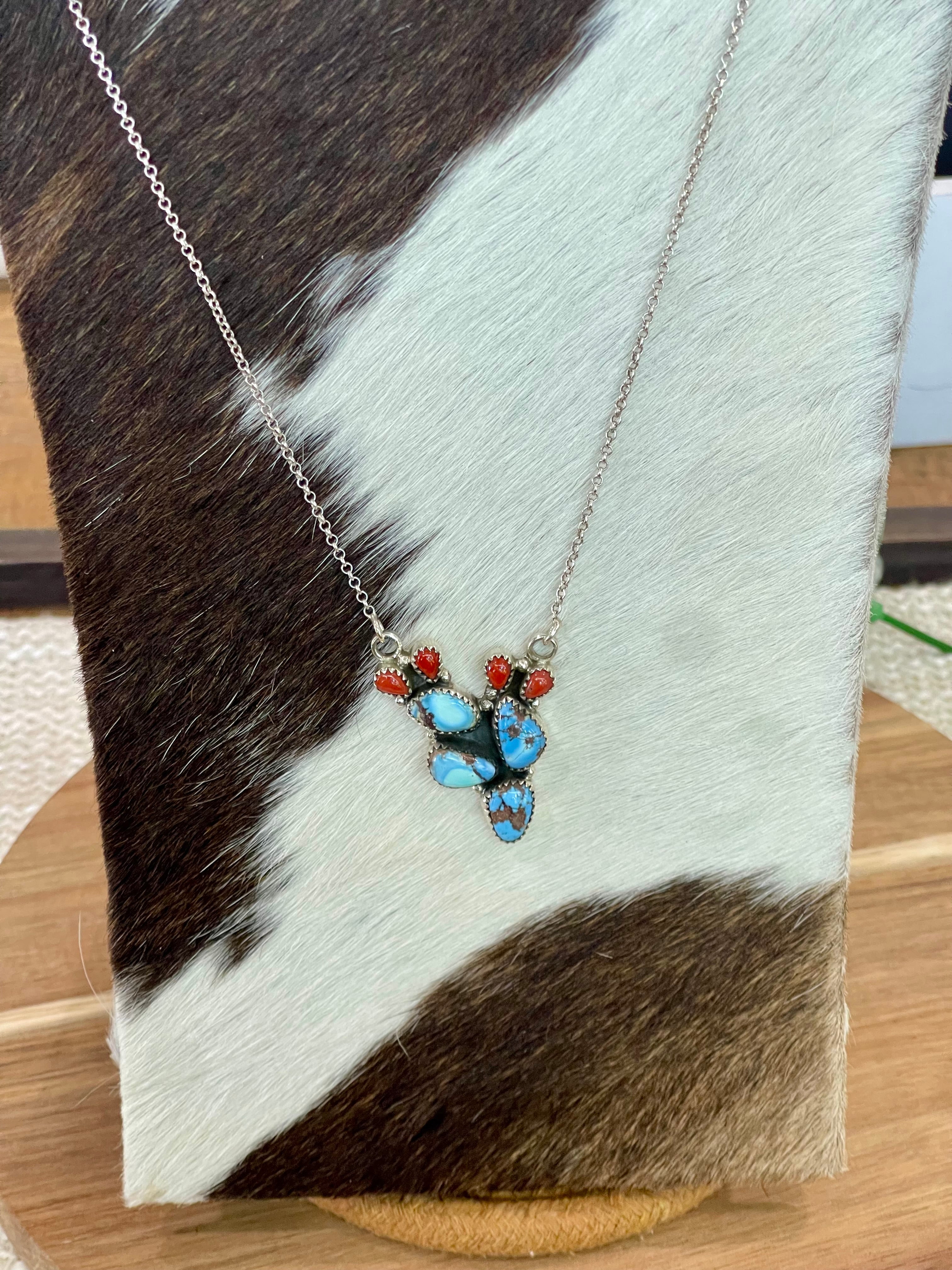 Handmade Sterling Silver, Golden Hills Turquoise & Coral Necklace Signed Nizhoni