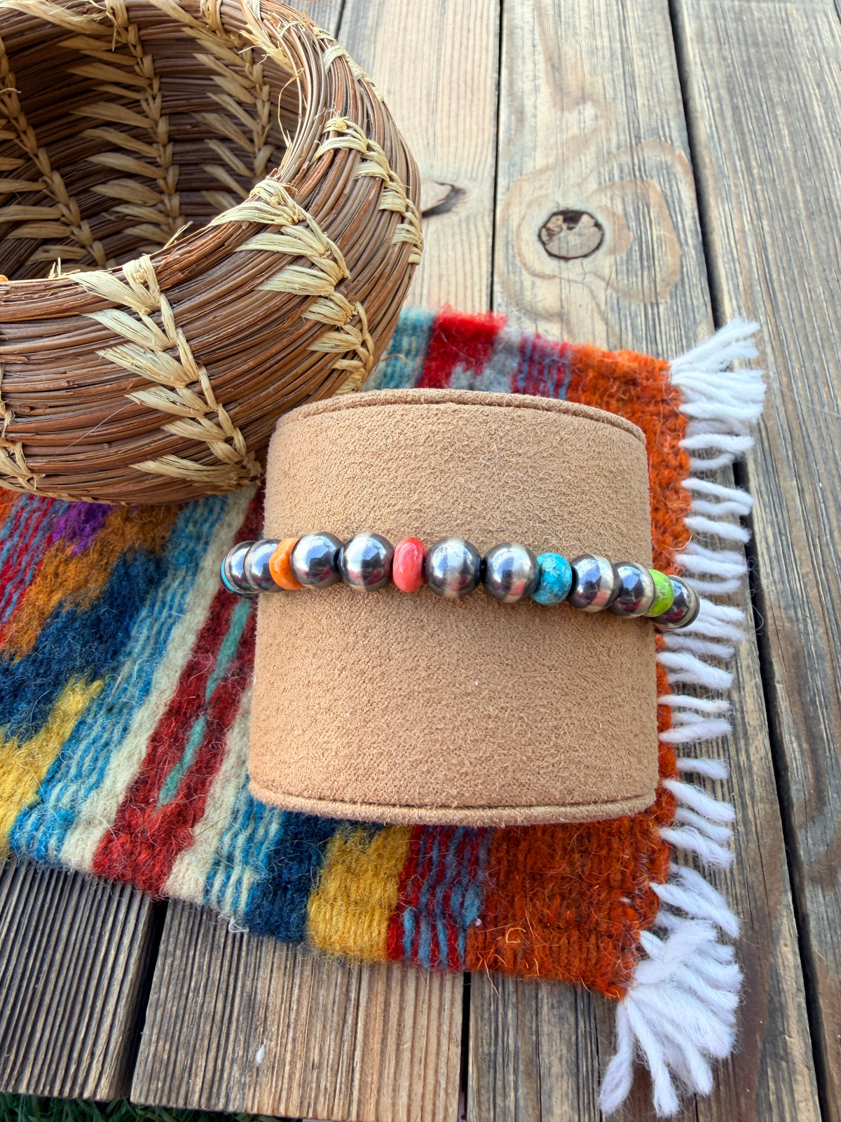 Handcrafted Multi Stone & Sterling Silver Beaded Stretch Bracelet