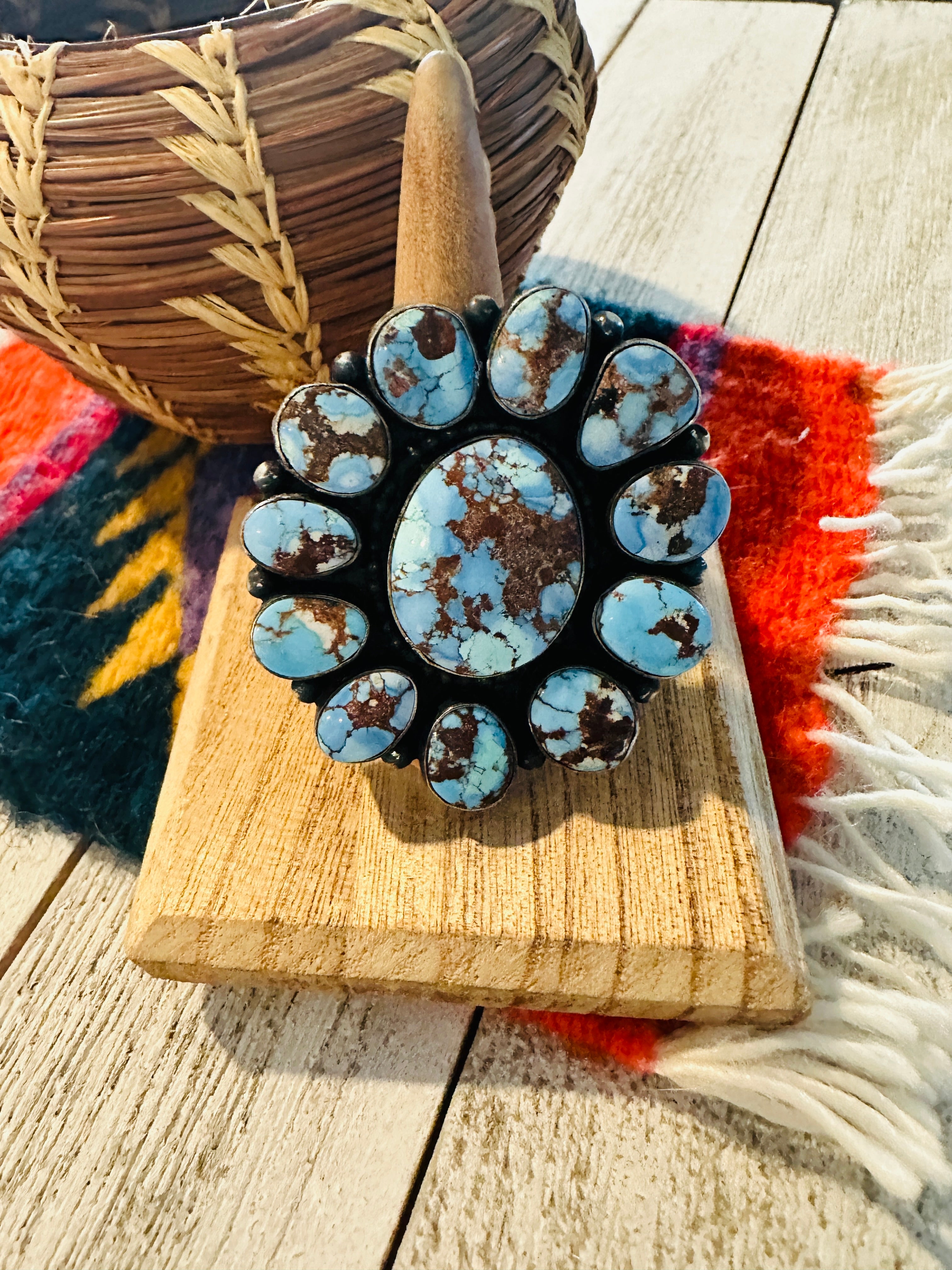 Navajo Golden Hills Turquoise & Sterling Silver Cluster Ring by Blaine Yellowhorse, Size 8.5