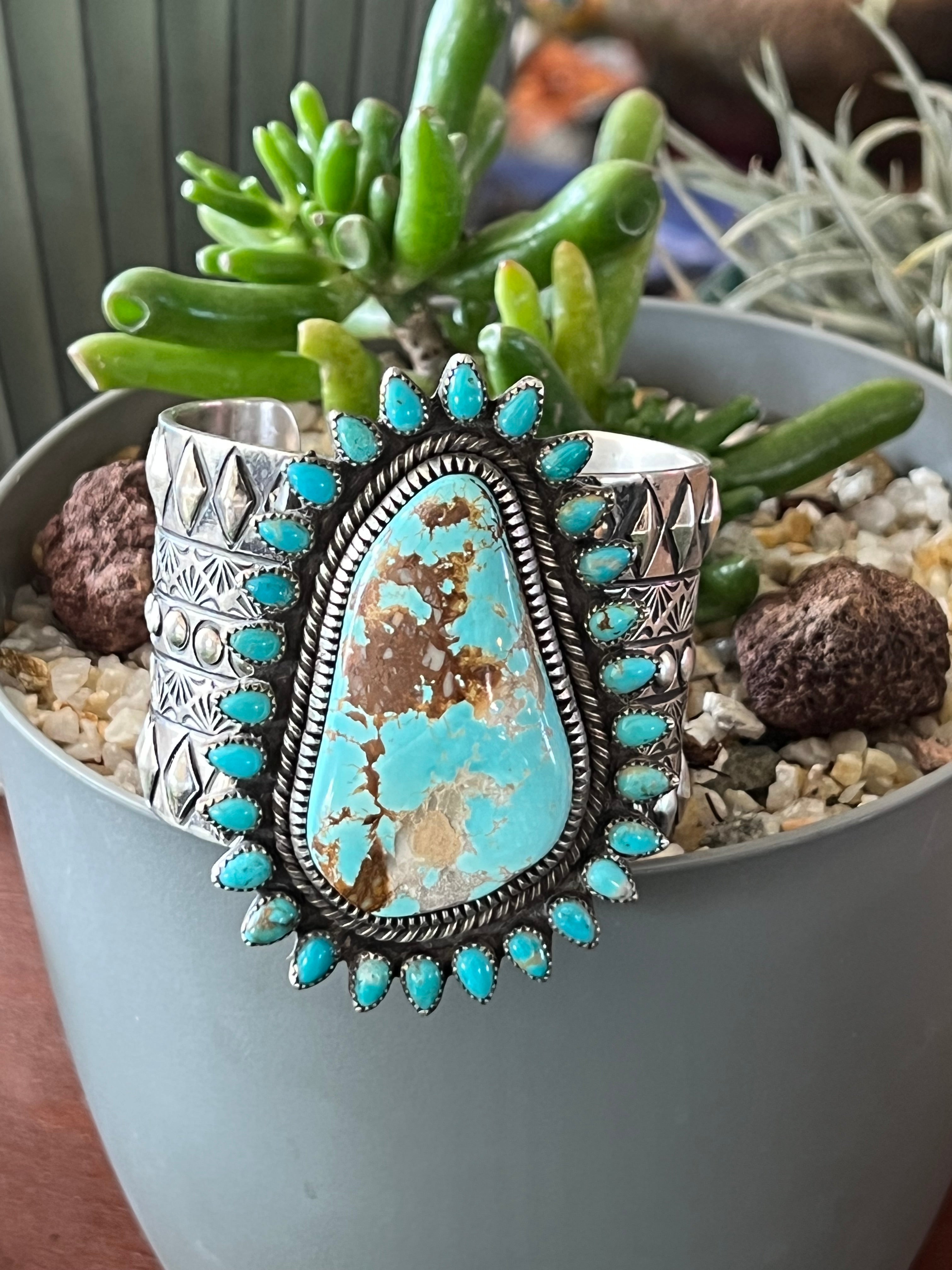 Sterling Silver & Royston Turquoise Cluster Cuff Bracelet by Glenn Livingston