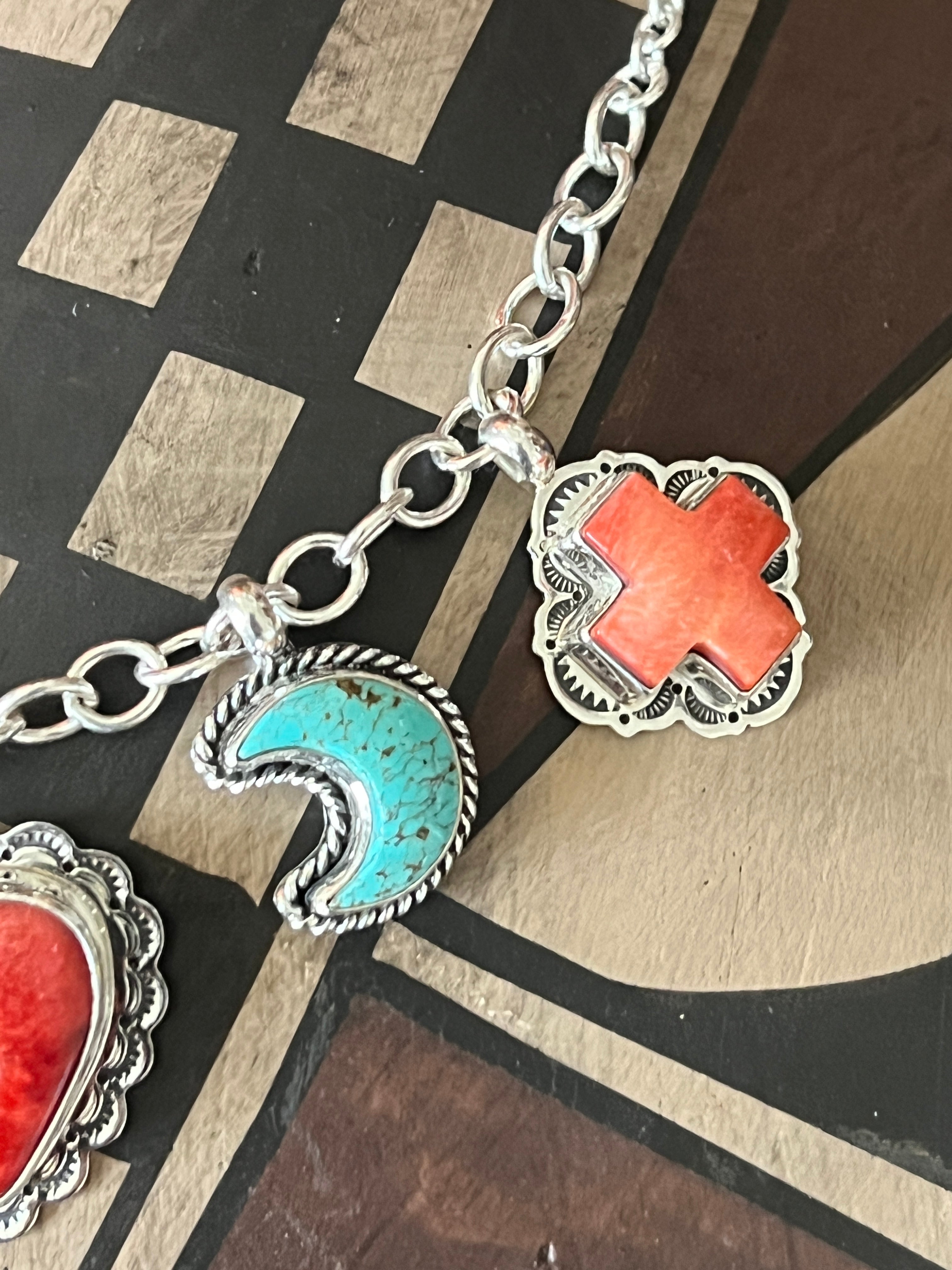 Murphy Platero Handcrafted Sterling Silver, Turquoise and Spiny Oyster Heart Charm Bracelets