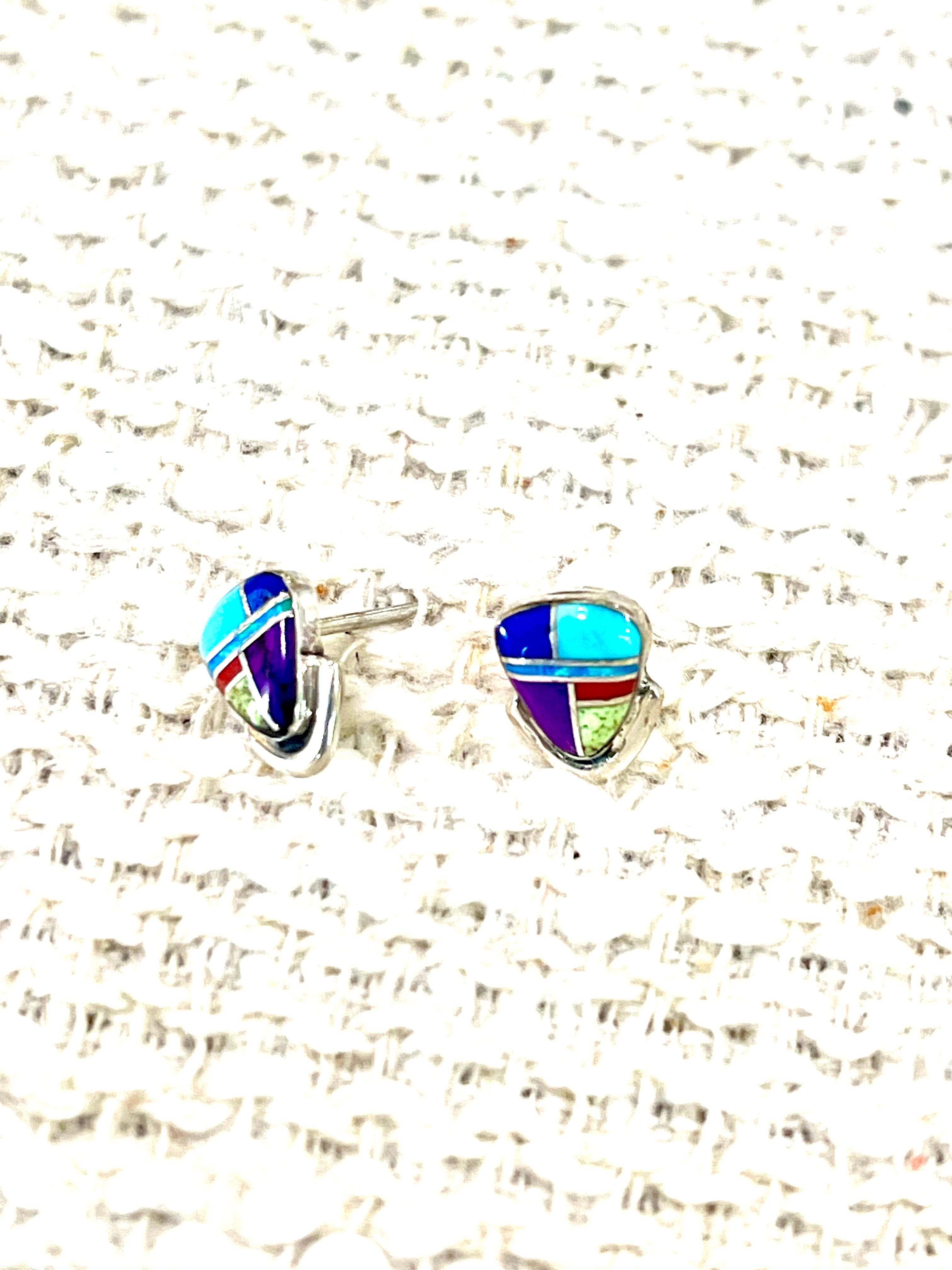 Beautiful Handmade Sterling Silver & Multi Stone Inlay Stud Earrings