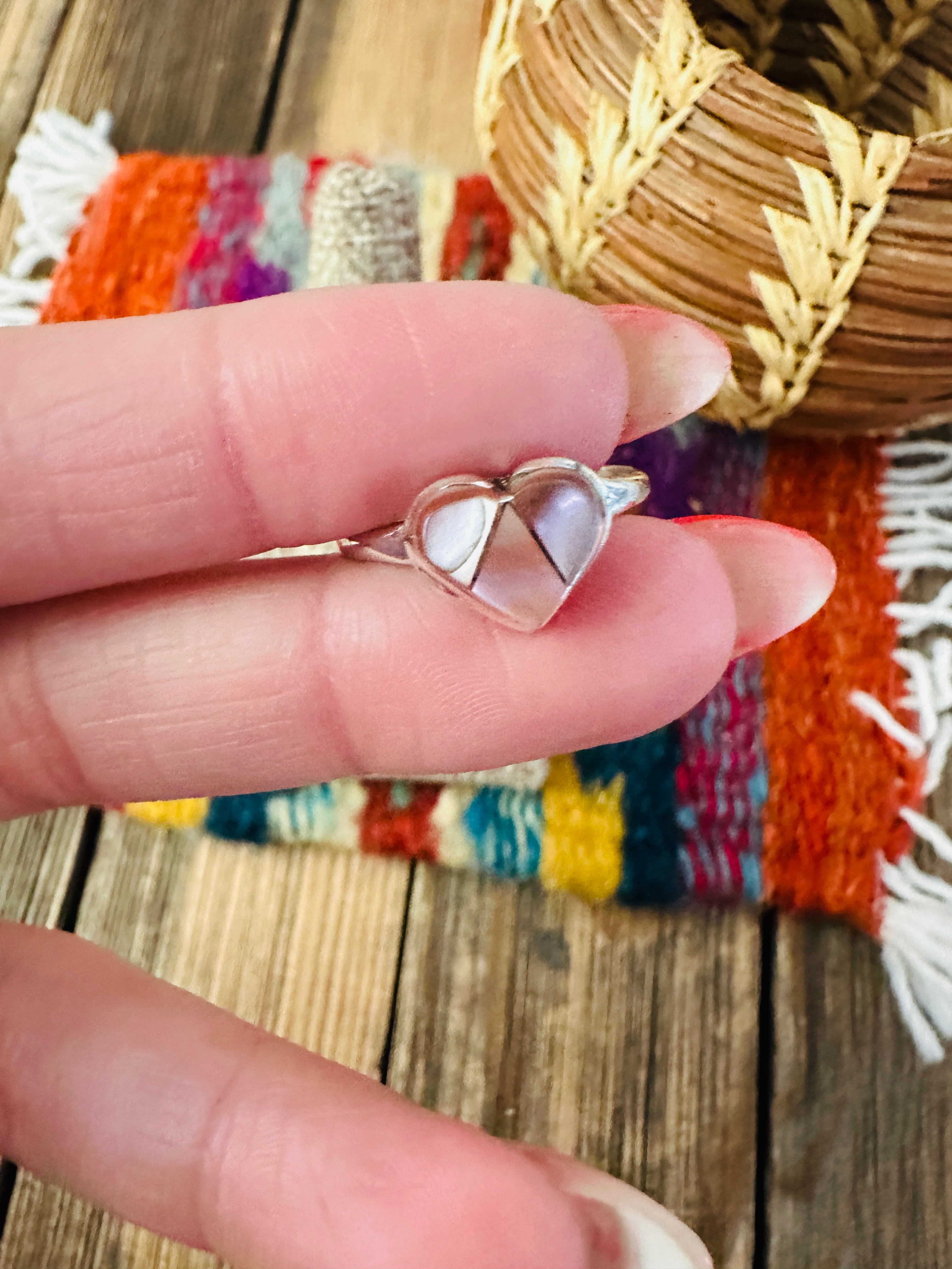 Handcrafted Mother of Pearl & Sterling Silver Inlay Heart Ring Size 8