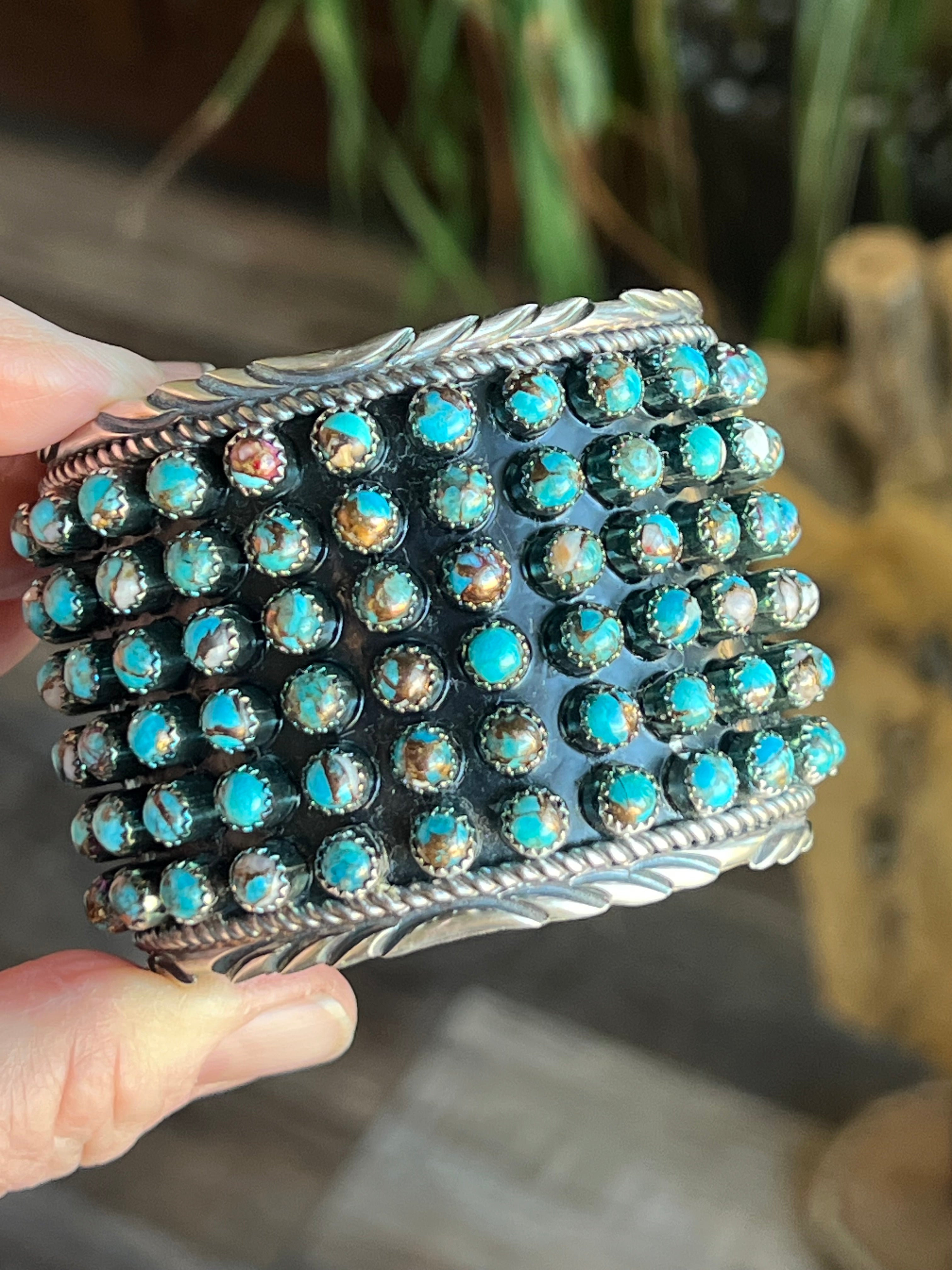 Handcrafted Sterling Silver and Blue Mohave Snake Eye Style Six Row Cuff Bracelet, Signed BJ