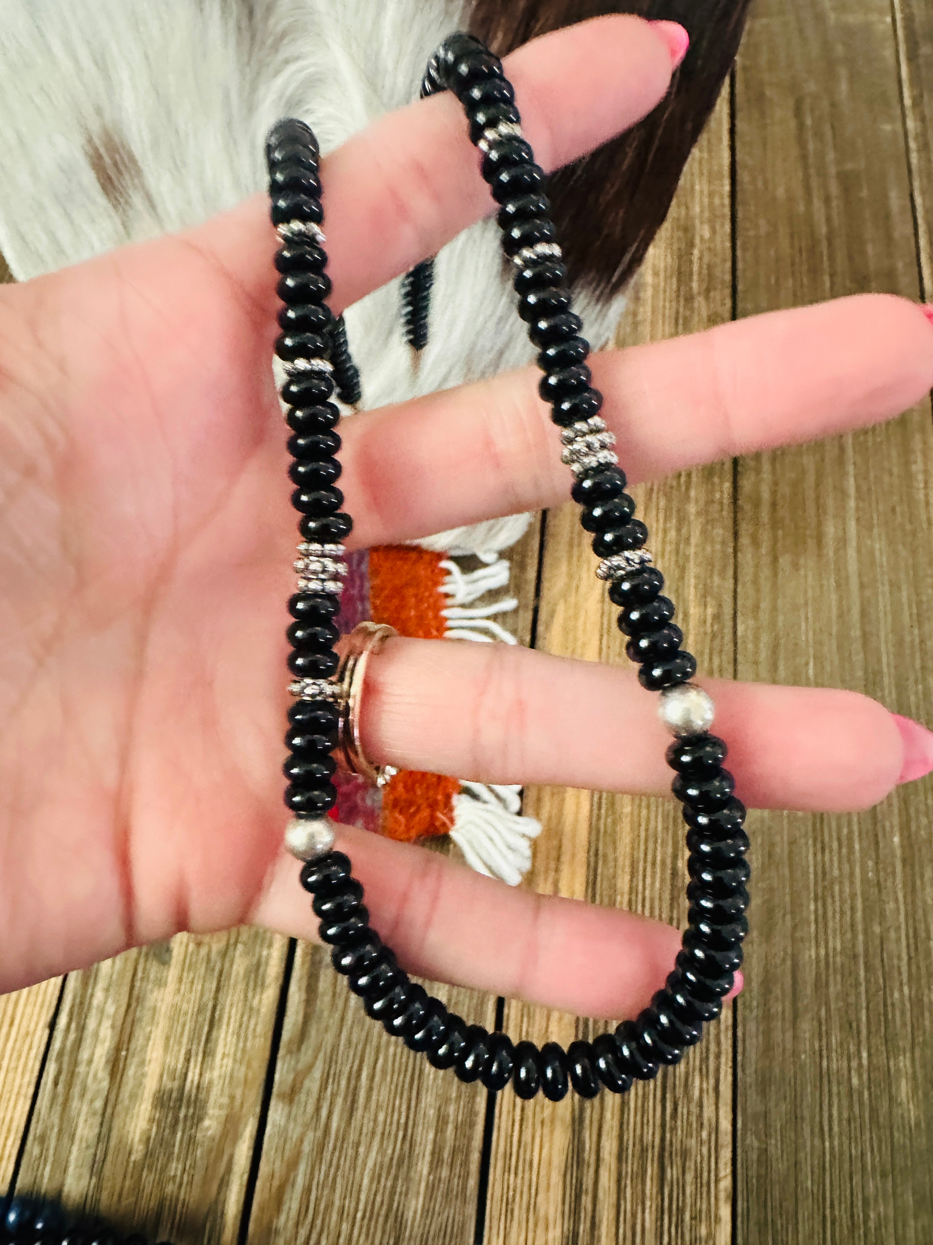 Handcrafted Black Onyx & Sterling Silver Beaded 18” Necklace by T & R Singer