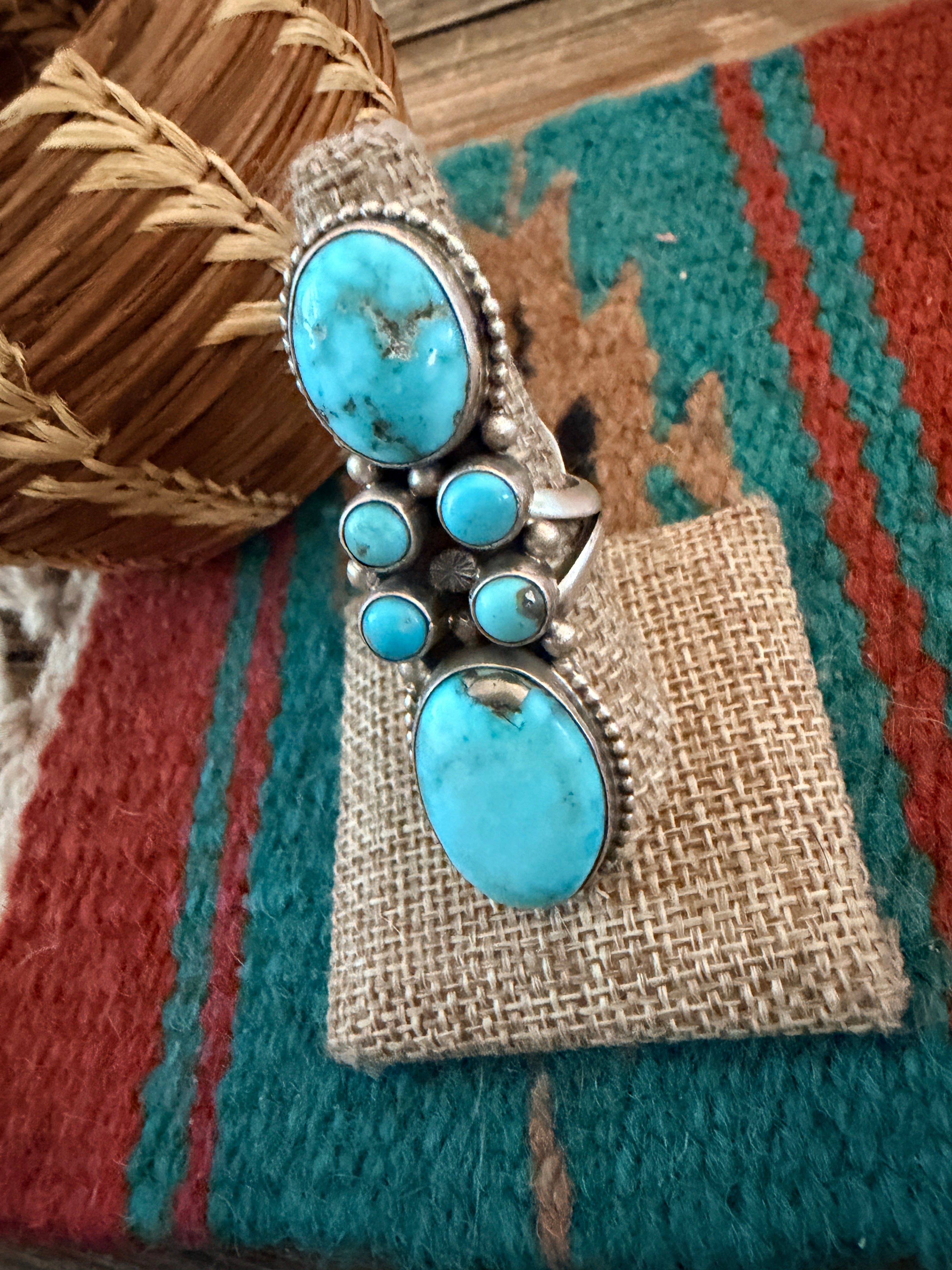 Handcrafted Kingman Turquoise & Sterling Silver Cluster Ring Size 8.5 by Sheila Becenti
