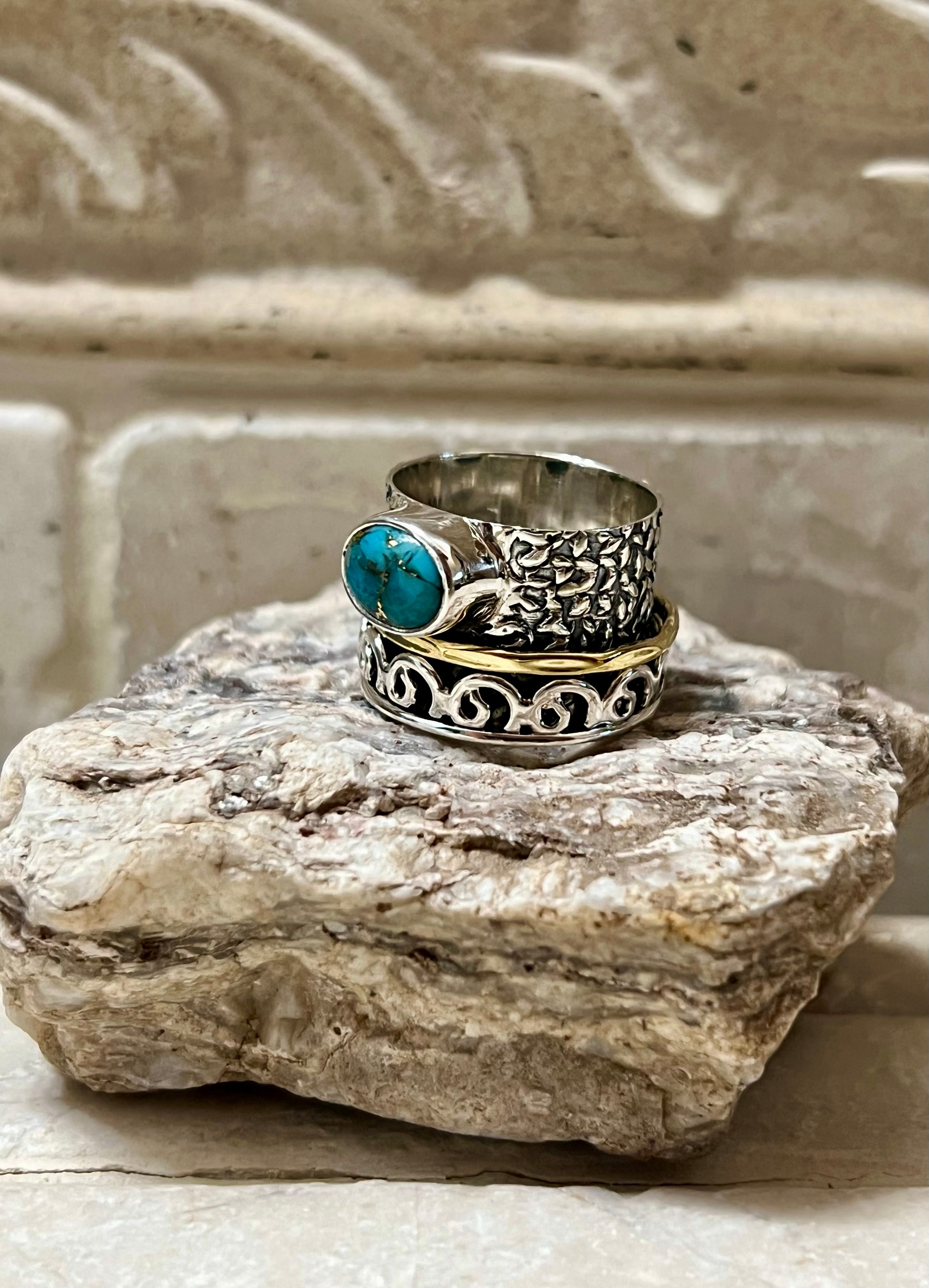 Copper Turquoise Sterling Silver, Gold, Copper Spinner Ring Size 7 “Lattice”