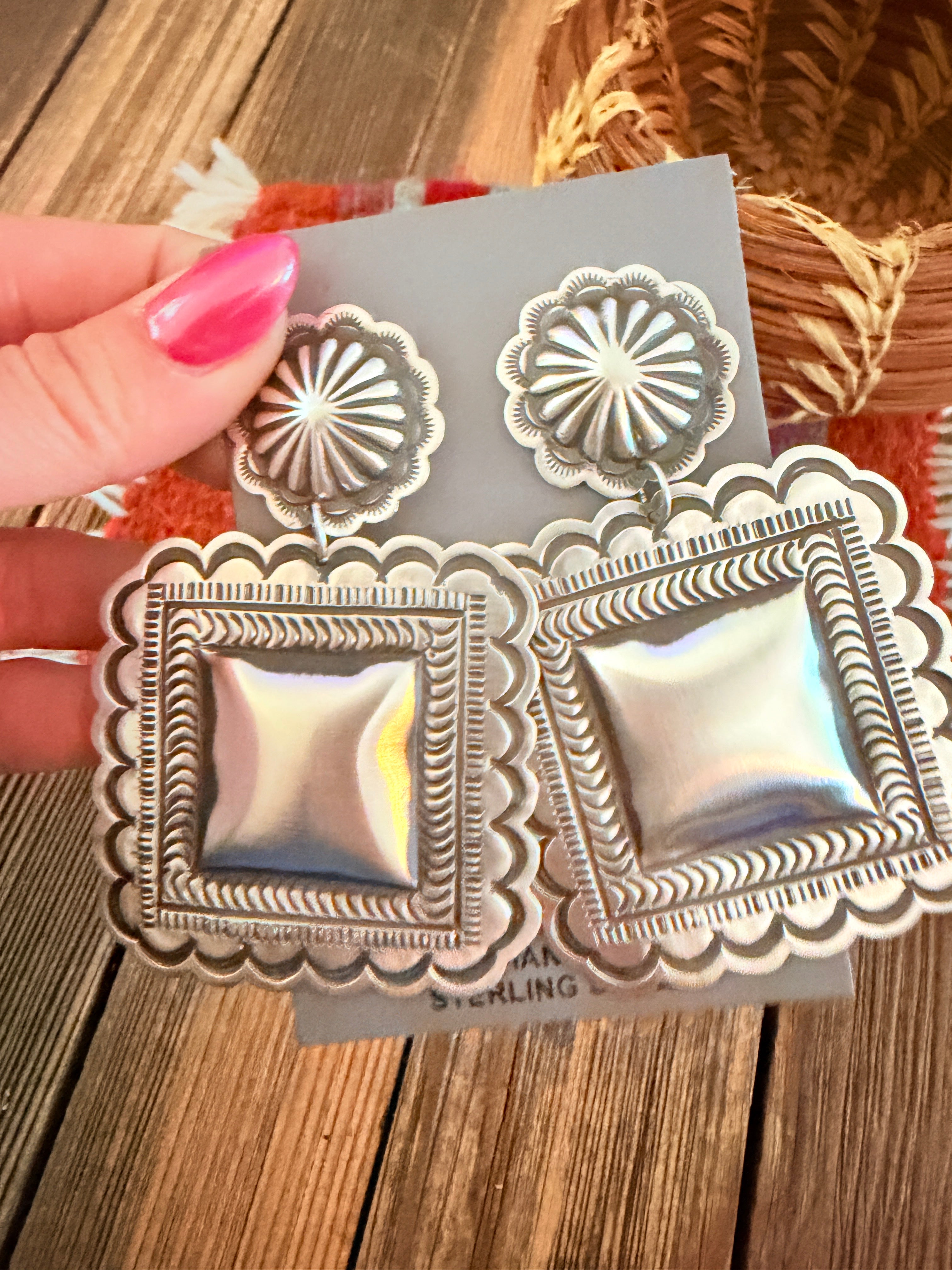 Handcrafted Sterling Silver Concho Dangle Earrings by Leander Tahe