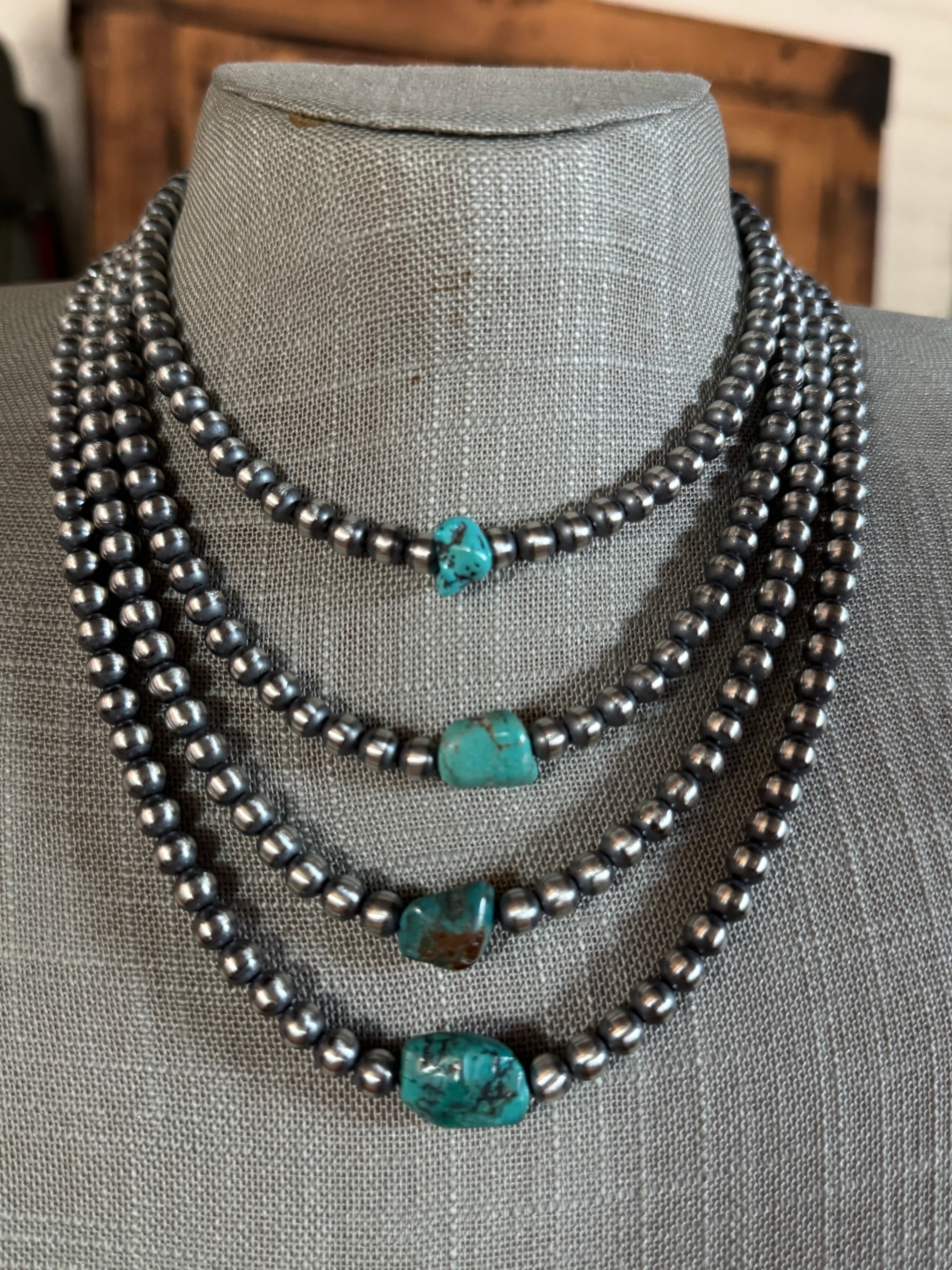 Handcrafted Kingman Turquoise & Sterling Silver 6mm Beaded Necklace Leslies Fav 🩷