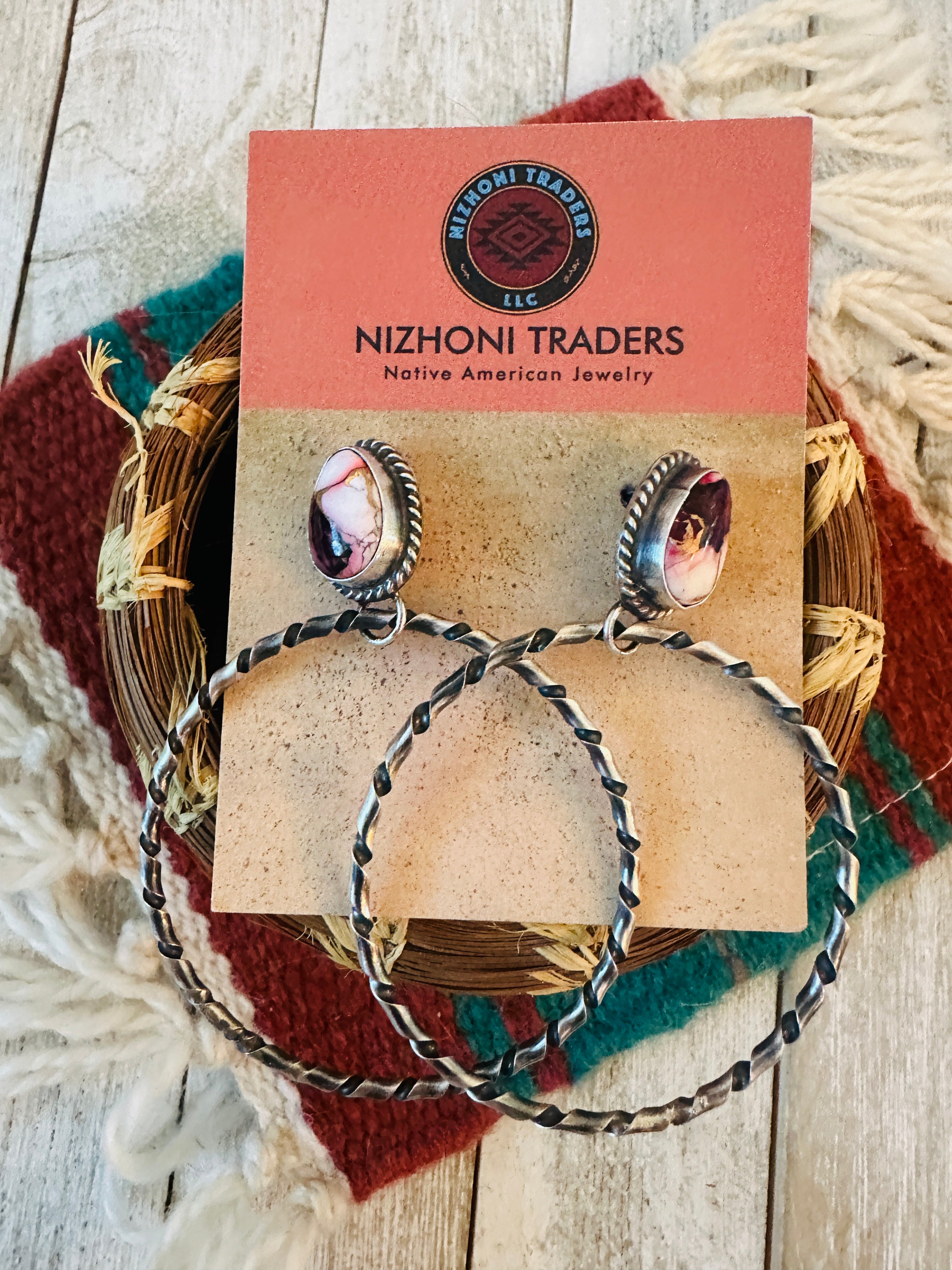 Navajo Rose Dahlia and Sterling Silver Dangle Hoop Earrings