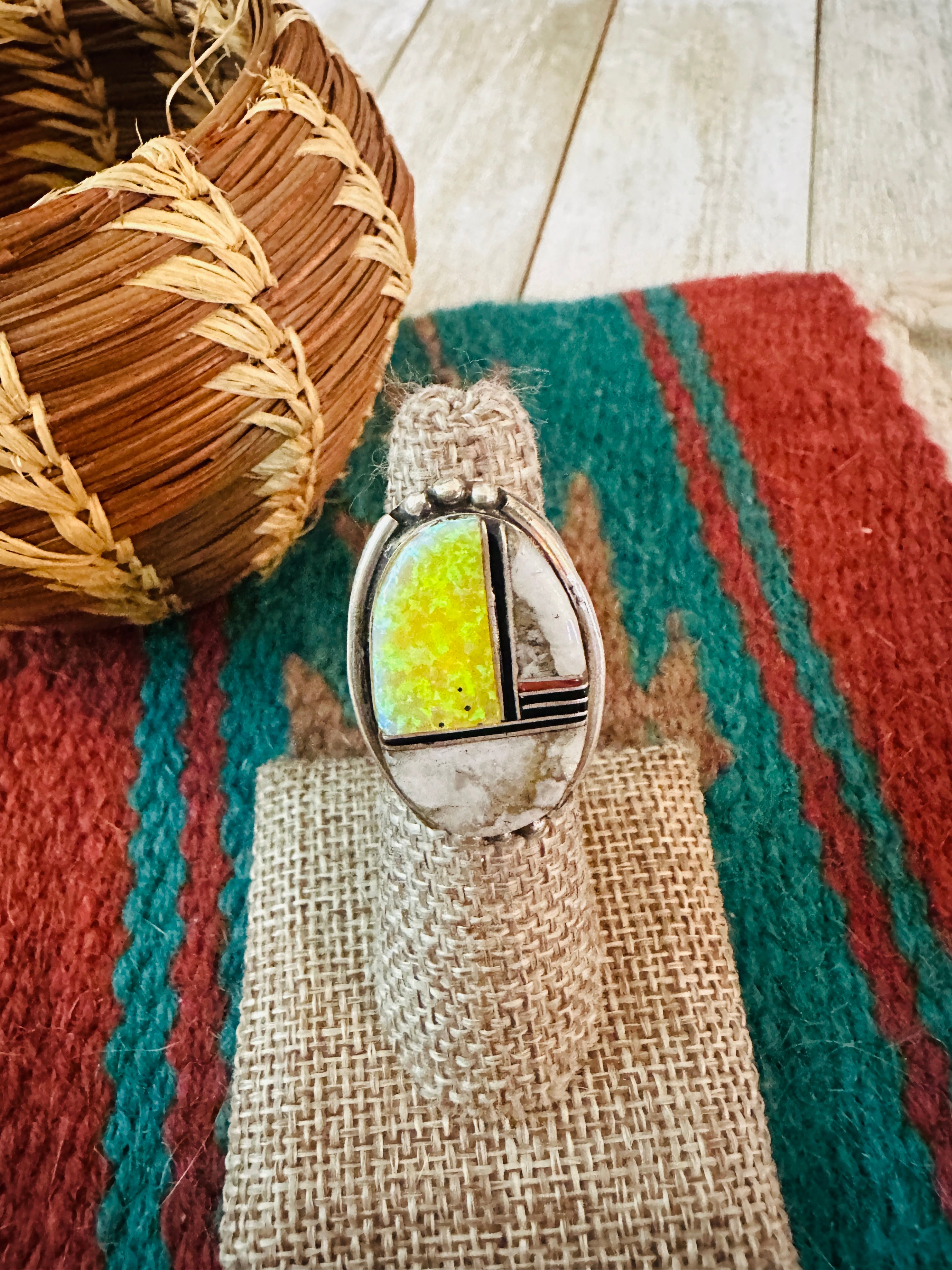 Old Pawn Handcrafted Multi Stone & Sterling Silver Inlay Ring Size 5.5