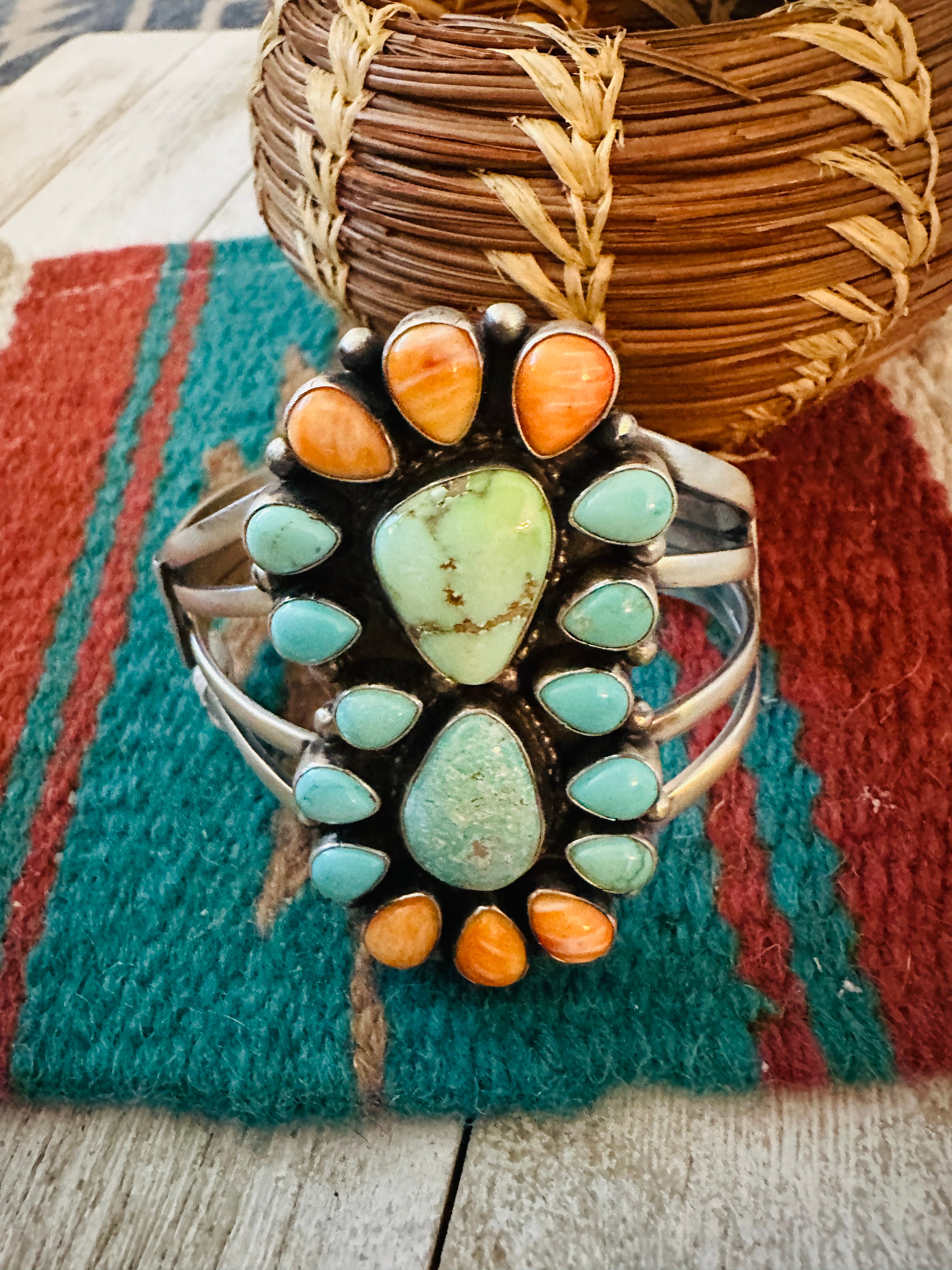 Spiny Oyster, Turquoise & Sterling Silver Cluster Cuff Bracelet /