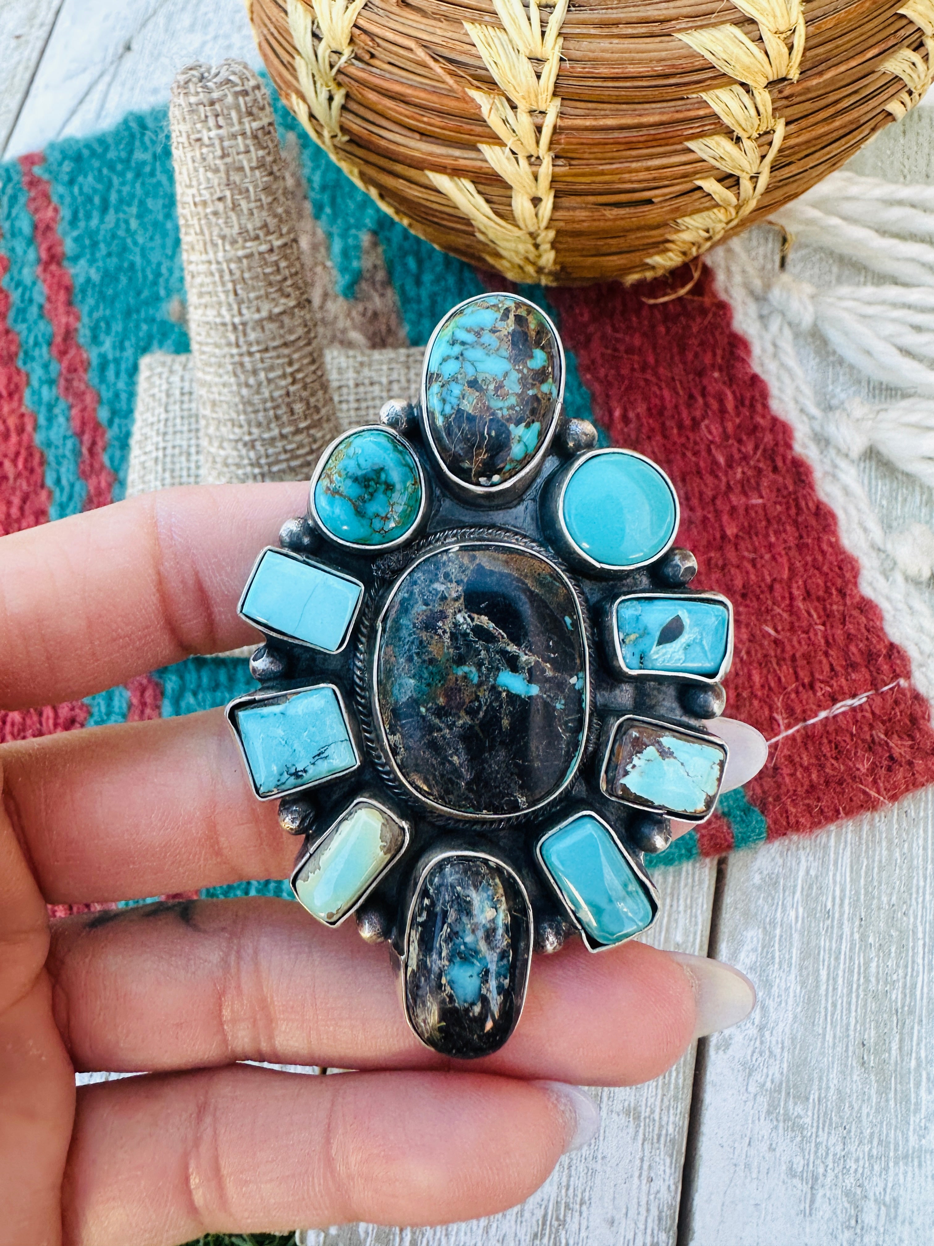 Hand Crafted Multi Turquoise & Sterling Silver Cluster Ring Size 10.5 by Ella Peter