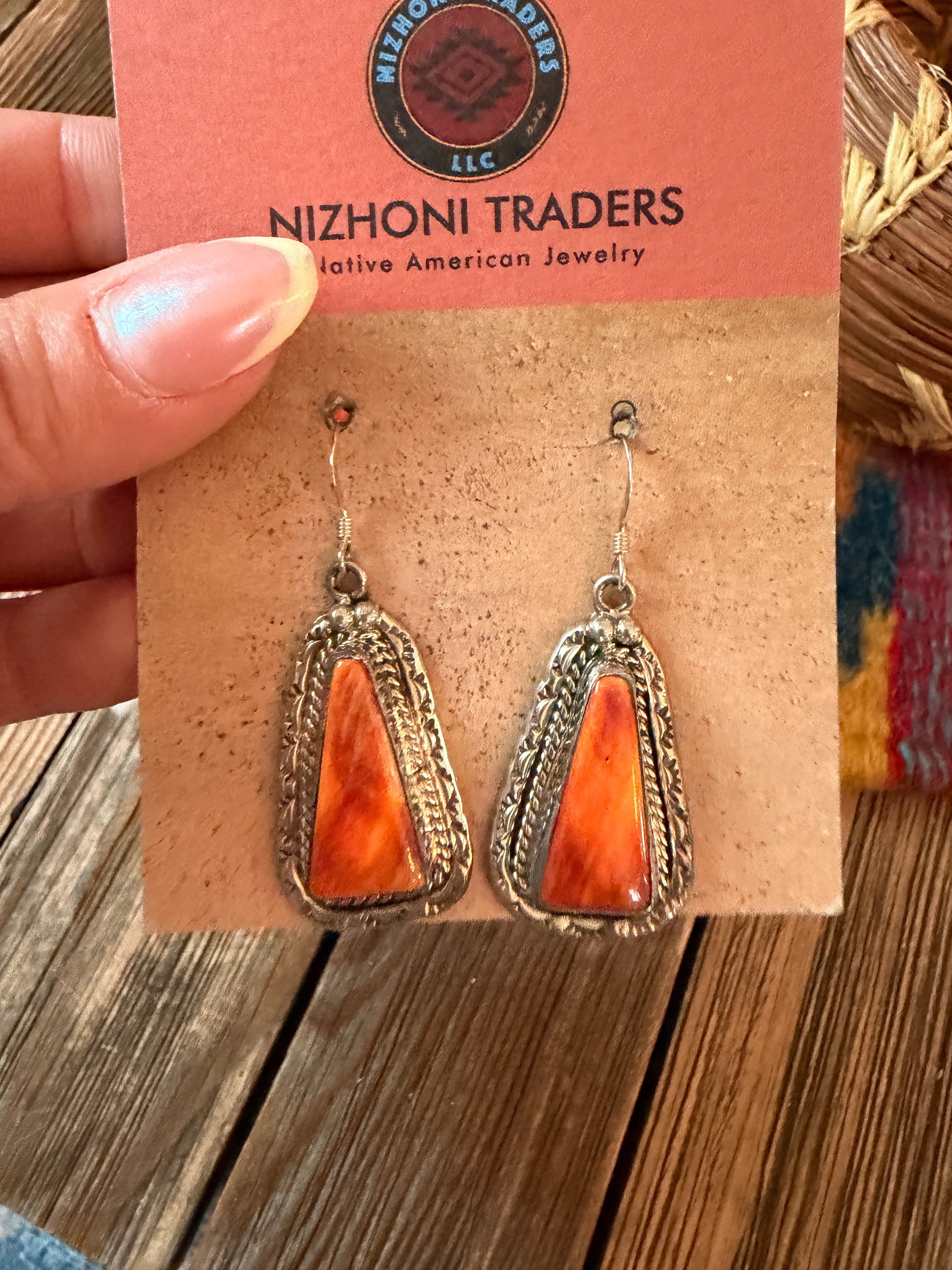 Handcrafted Orange Spiny And Sterling Silver Dangle Earrings