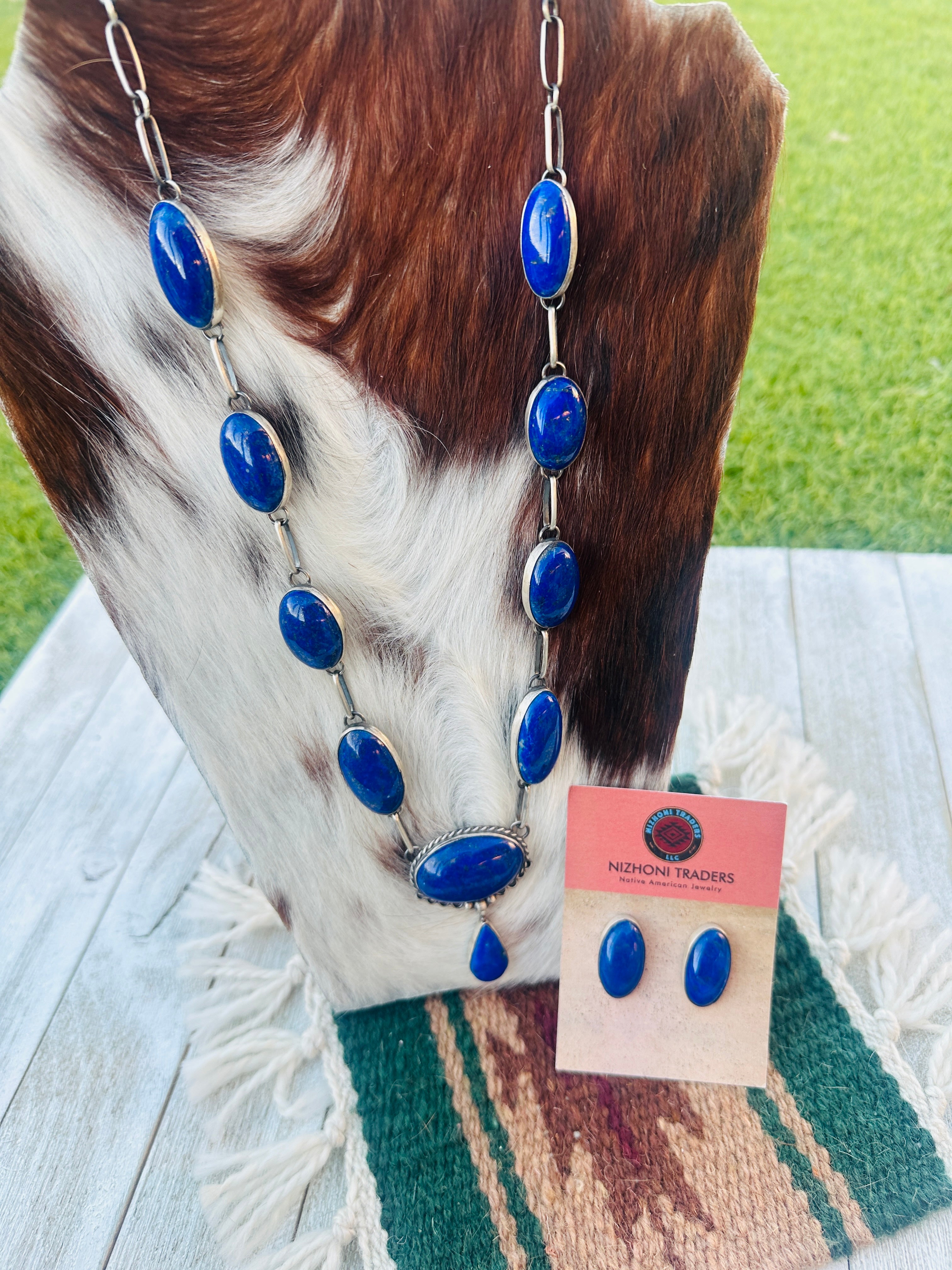 Handcrafted Lapis & Sterling Silver Cluster Necklace and Earring Set